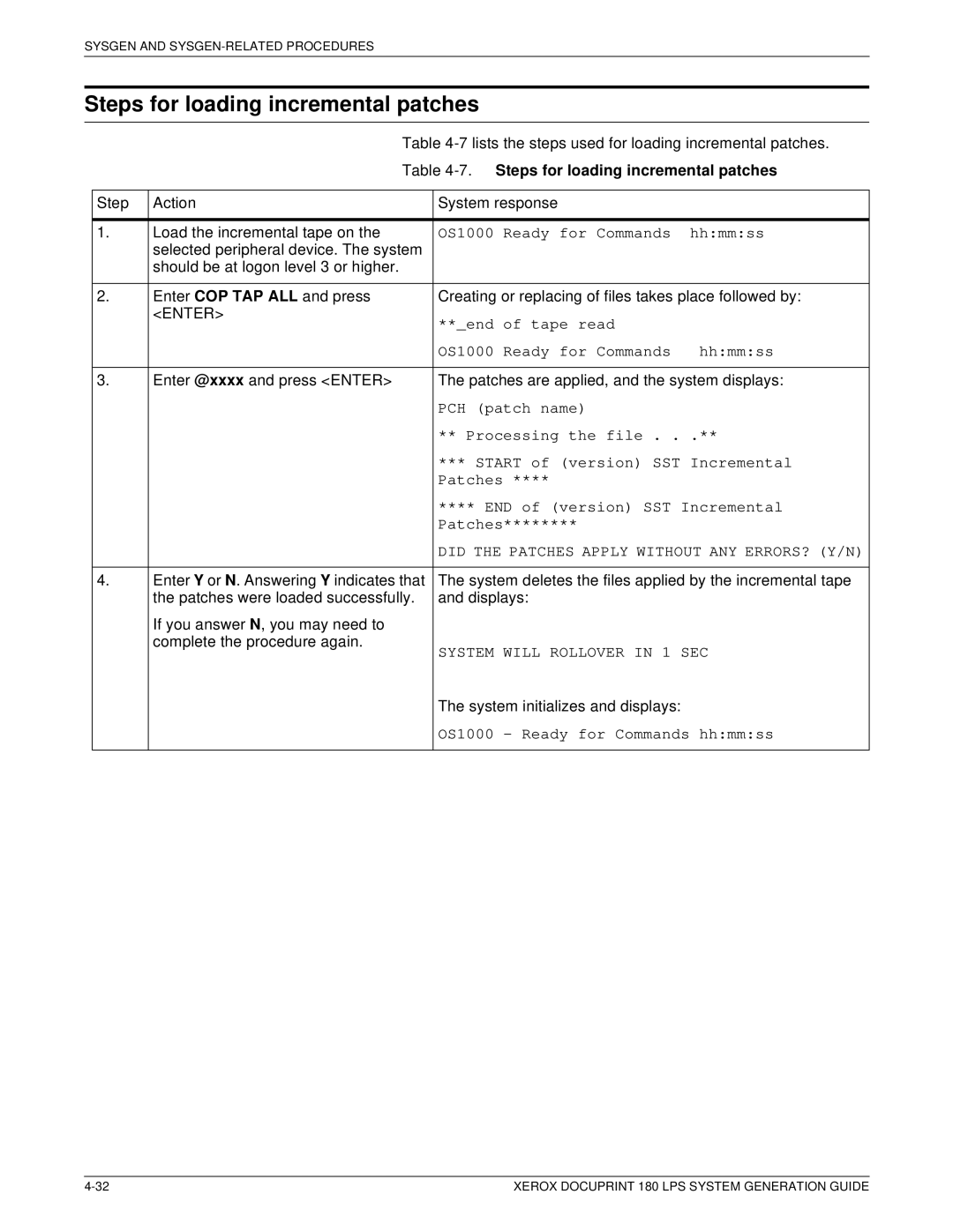 Xerox t 180 manual Steps for loading incremental patches, End of tape read OS1000 Ready for Commands Hhmmss 