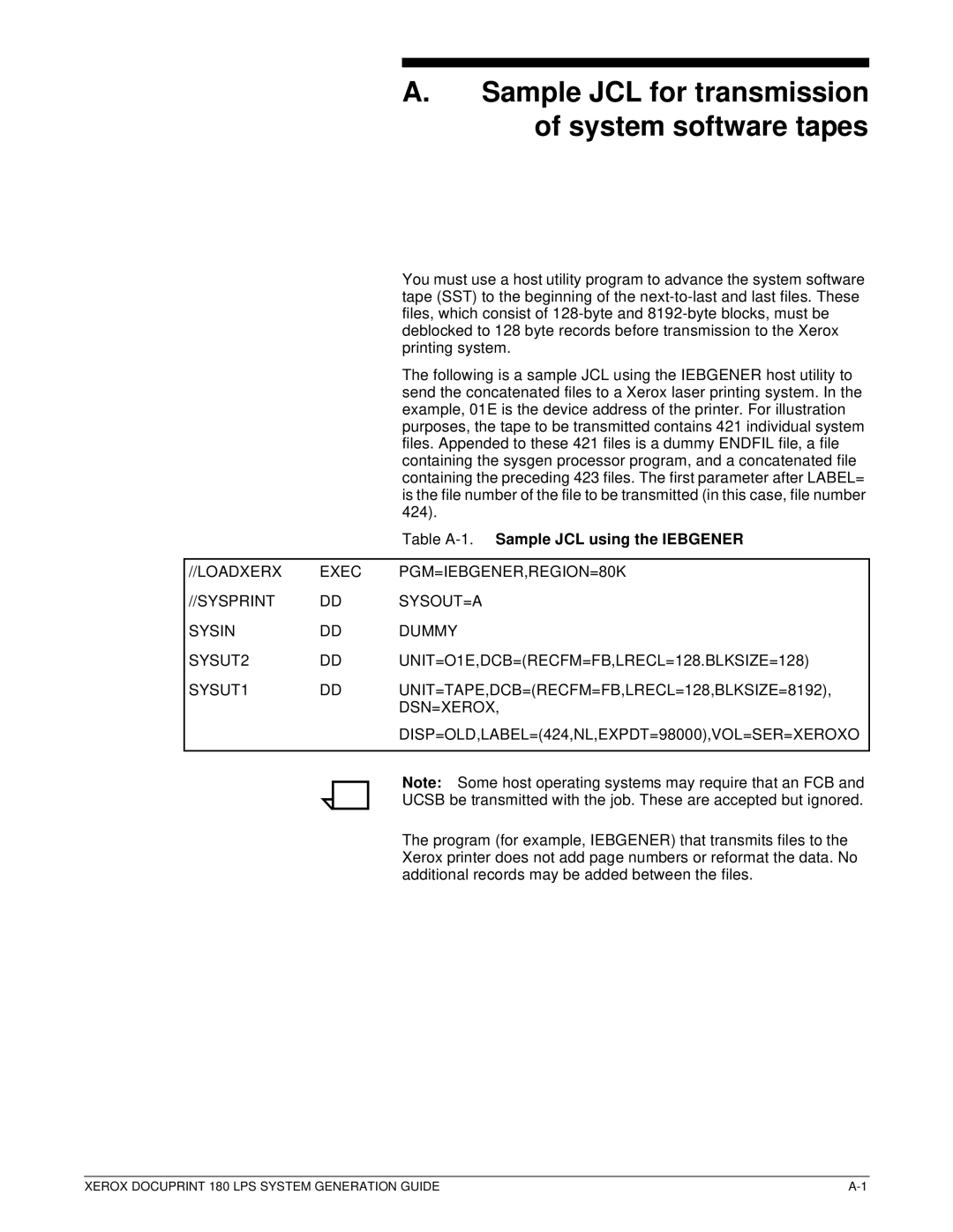 Xerox t 180 manual Sample JCL for transmission of system software tapes, Table A-1.Sample JCL using the Iebgener 