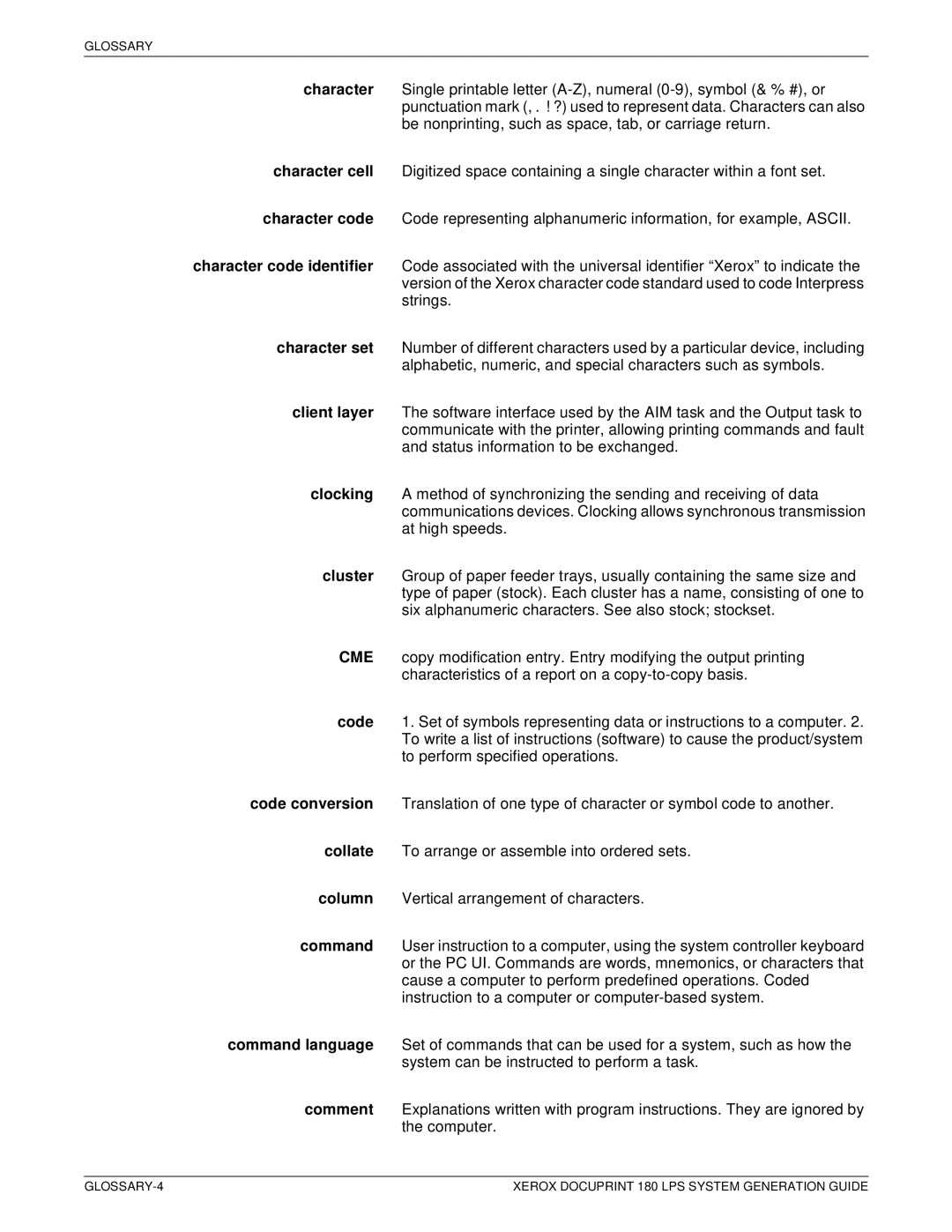 Xerox manual GLOSSARY-4 Xerox Docuprint 180 LPS System Generation Guide 