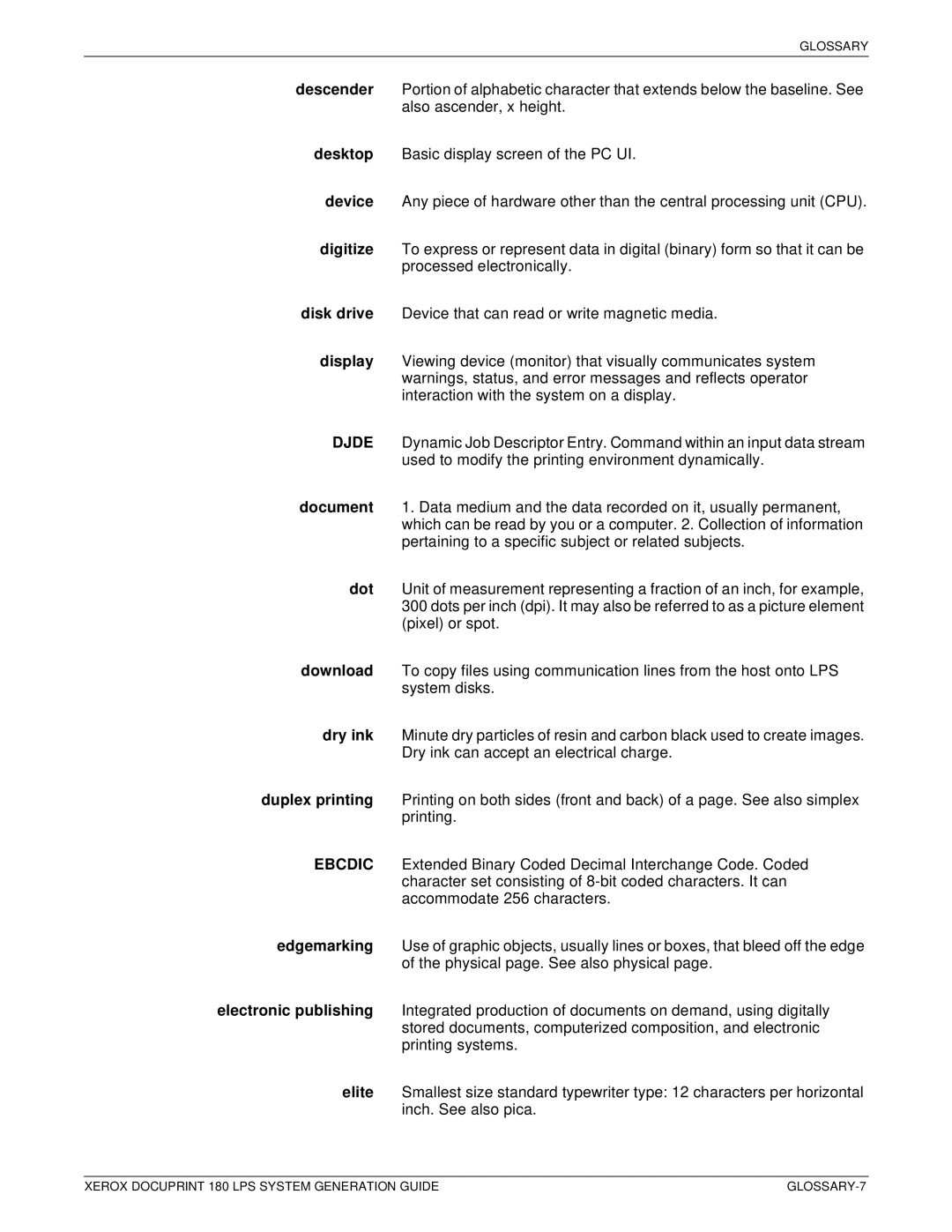 Xerox t 180 manual GLOSSARY-7 