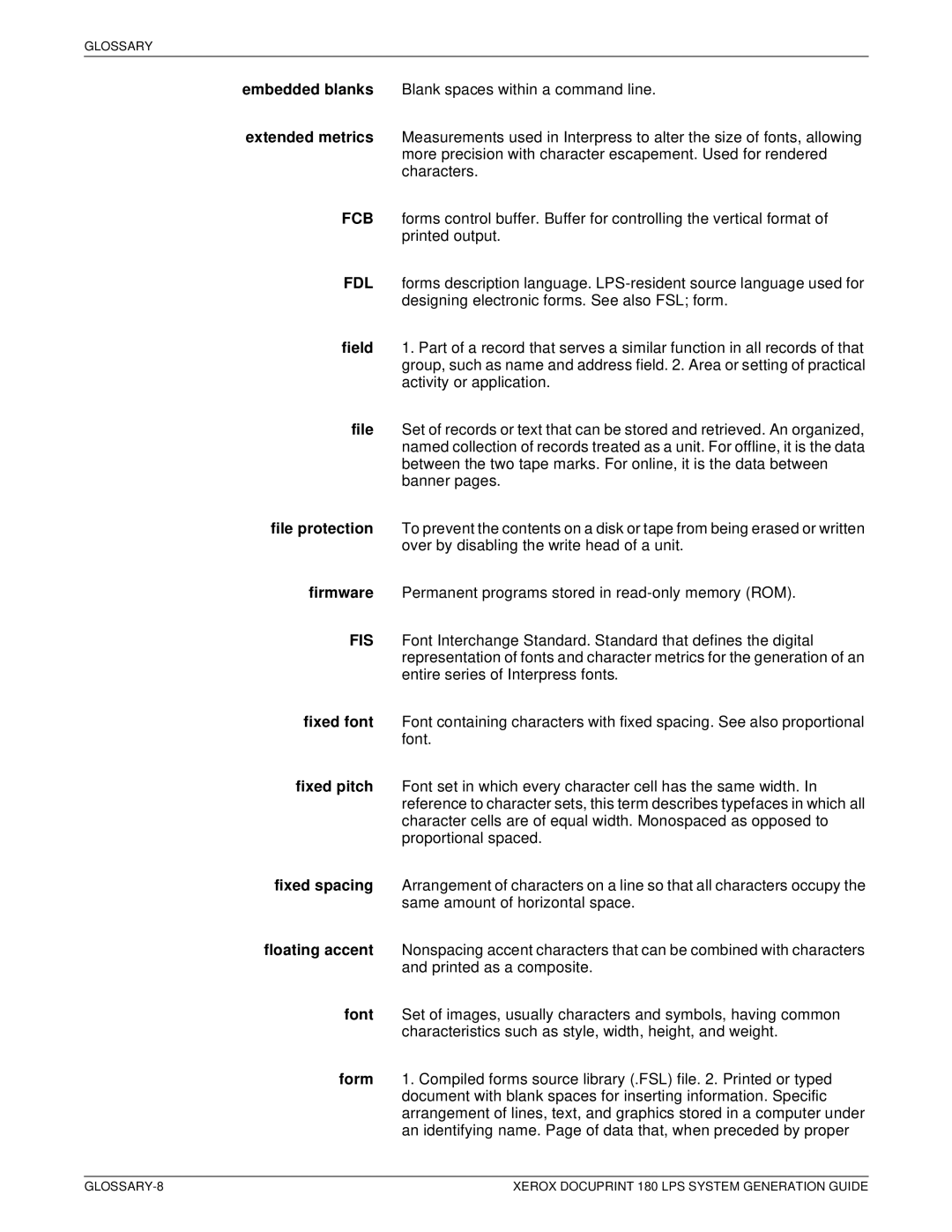 Xerox manual GLOSSARY-8 Xerox Docuprint 180 LPS System Generation Guide 