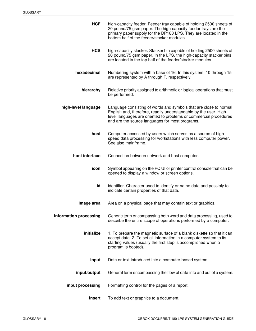 Xerox manual GLOSSARY-10 Xerox Docuprint 180 LPS System Generation Guide 