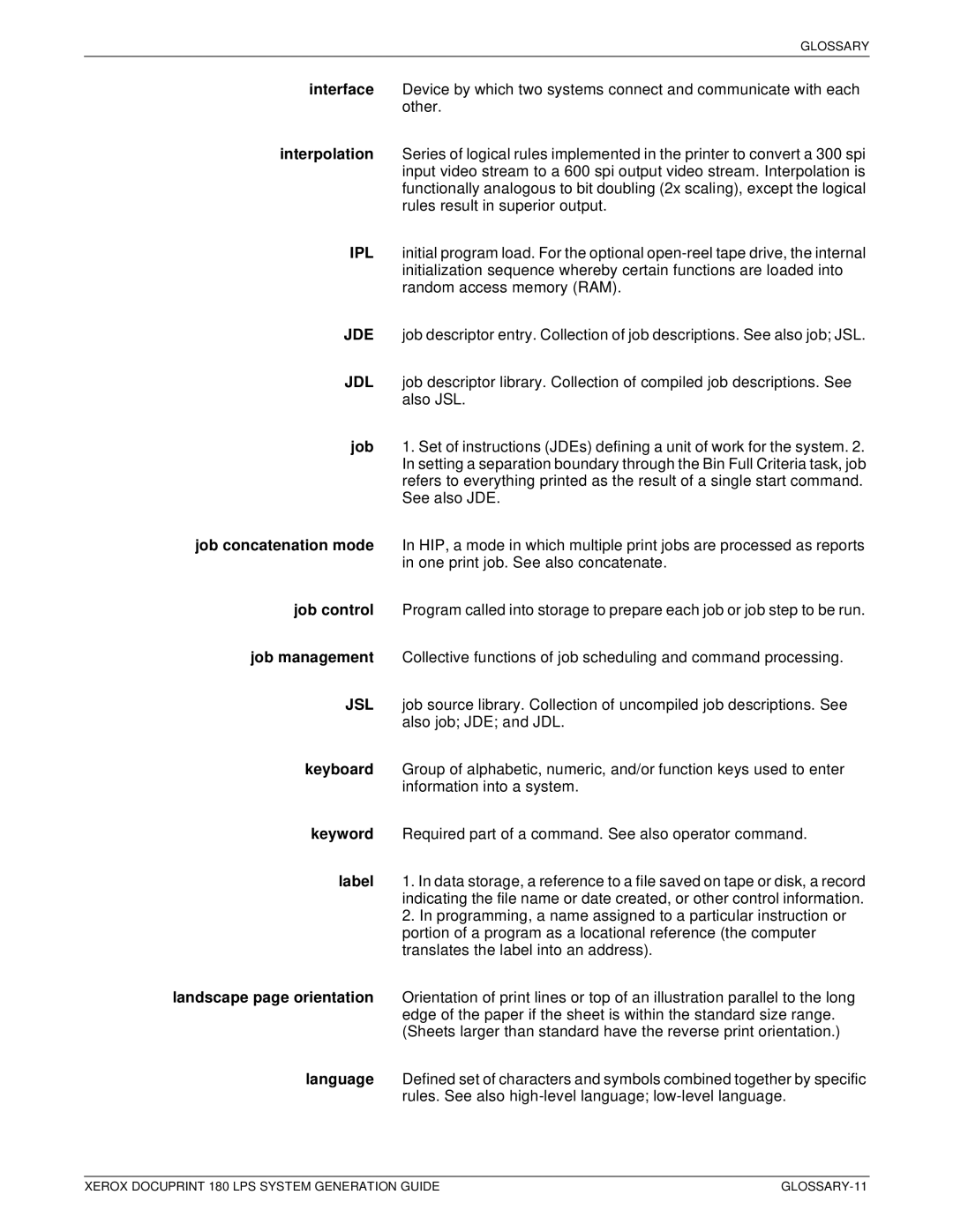 Xerox t 180 manual GLOSSARY-11 