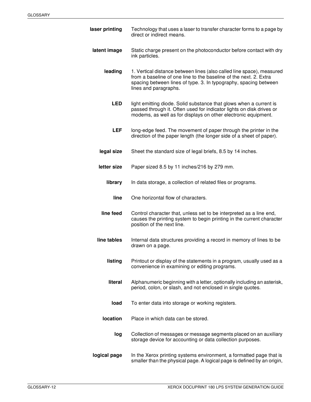 Xerox manual GLOSSARY-12 Xerox Docuprint 180 LPS System Generation Guide 