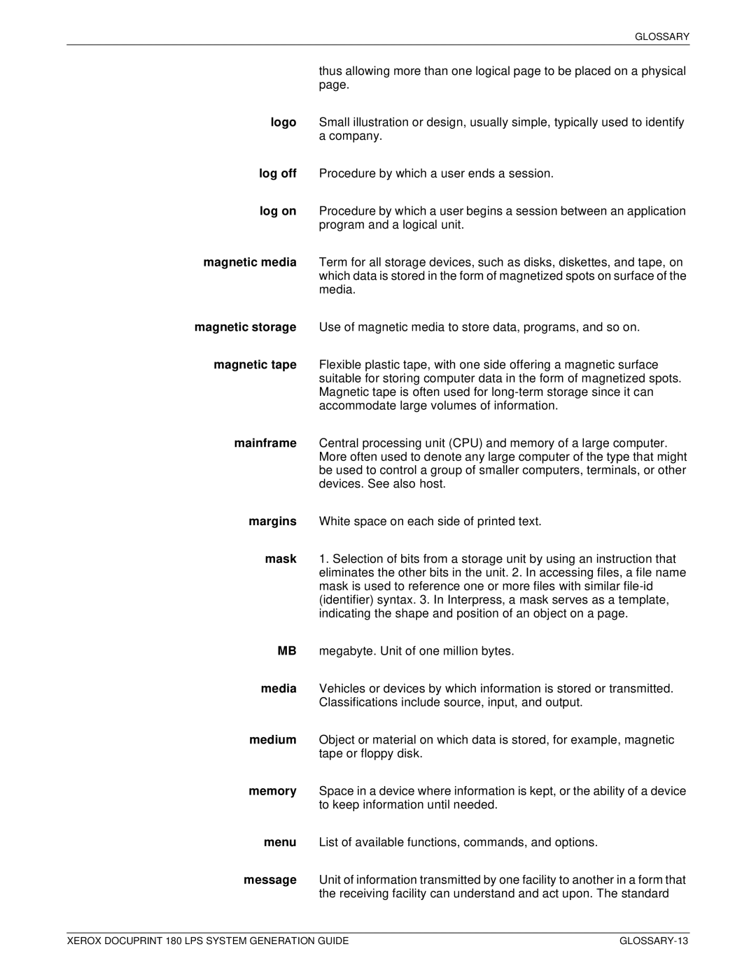 Xerox t 180 manual GLOSSARY-13 