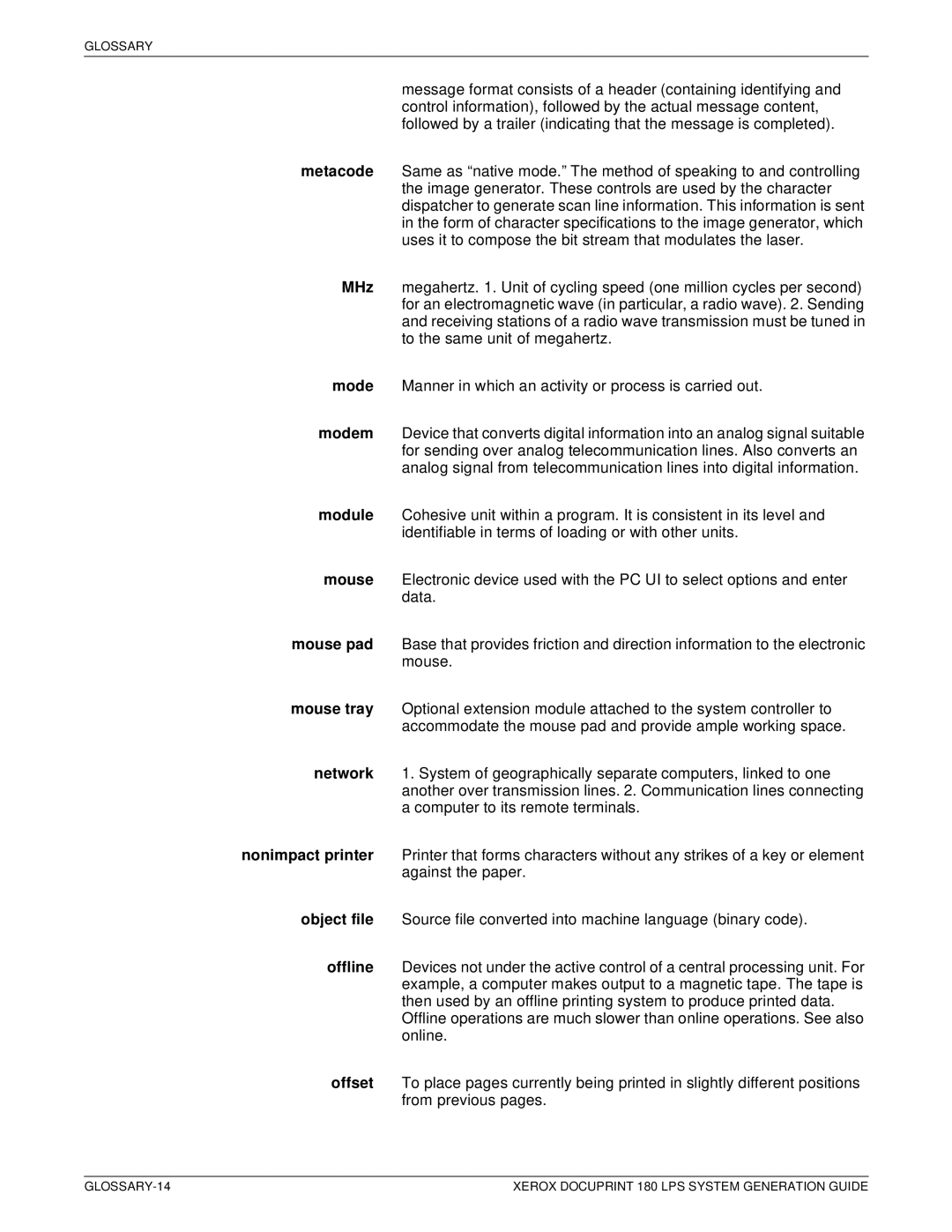 Xerox manual GLOSSARY-14 Xerox Docuprint 180 LPS System Generation Guide 