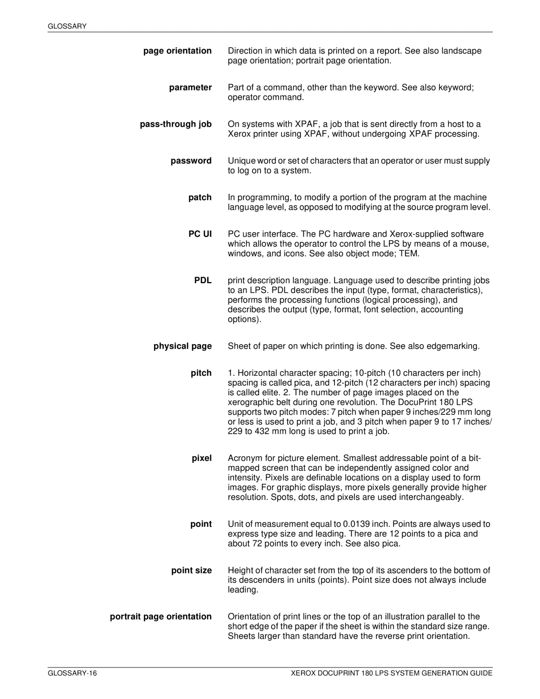 Xerox manual GLOSSARY-16 Xerox Docuprint 180 LPS System Generation Guide 