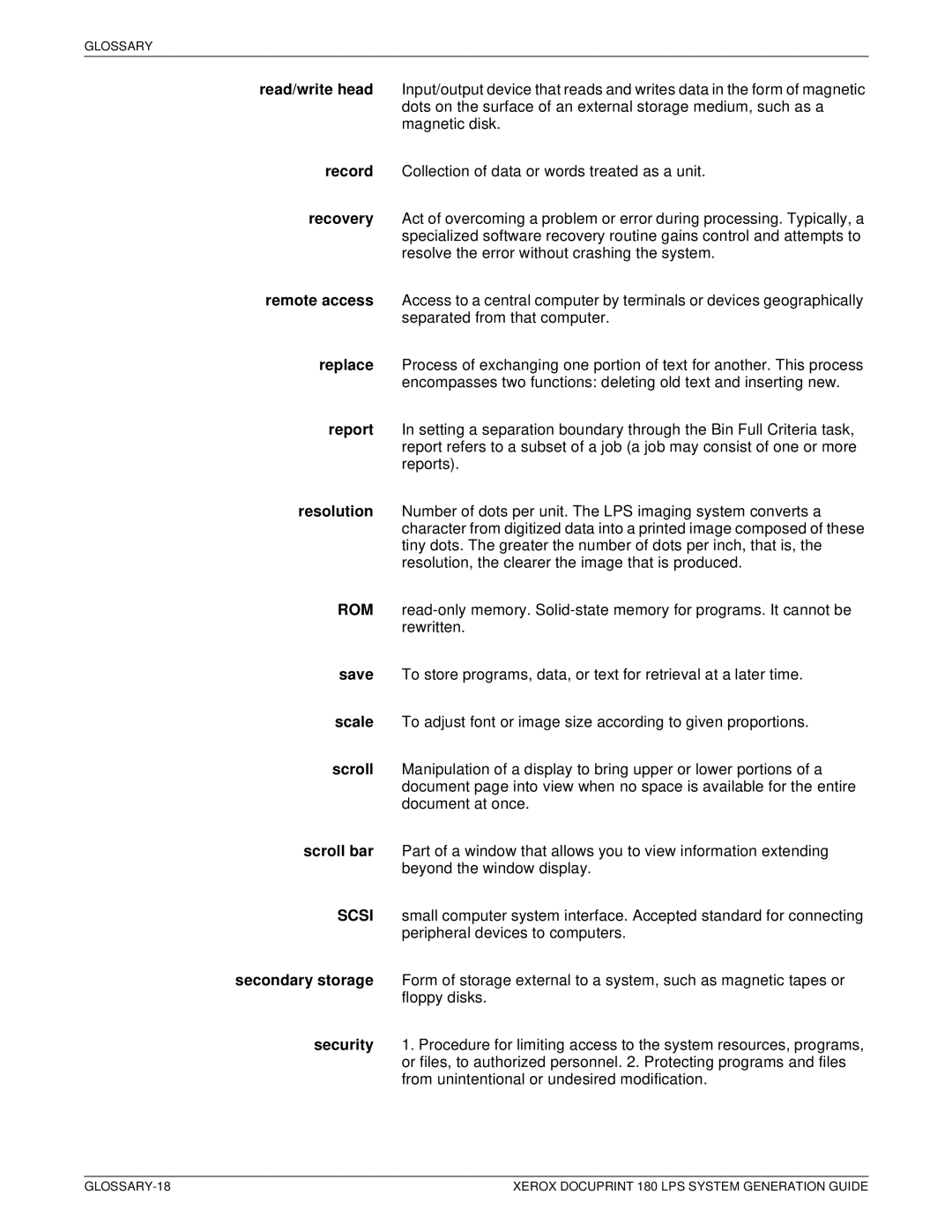 Xerox manual GLOSSARY-18 Xerox Docuprint 180 LPS System Generation Guide 