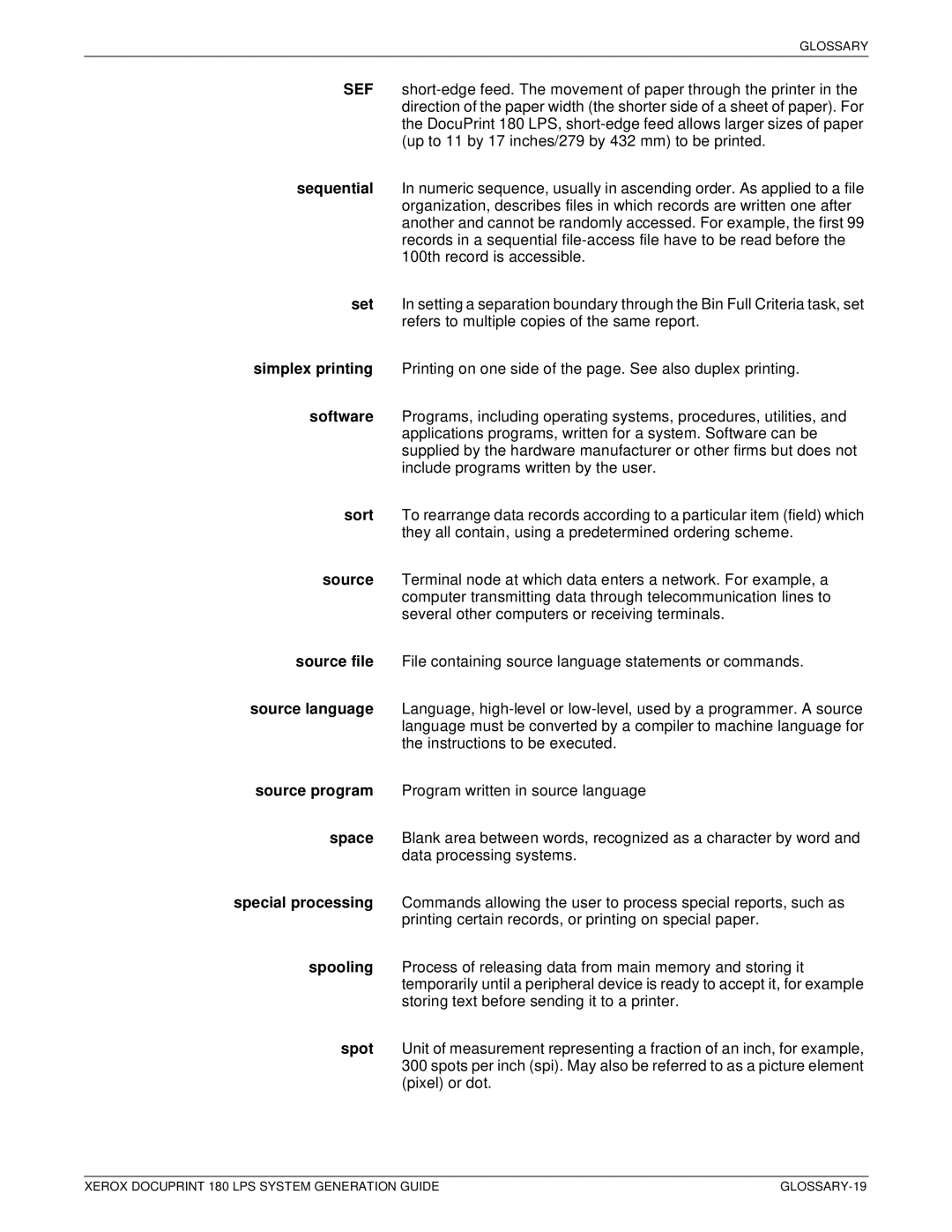 Xerox t 180 manual GLOSSARY-19 