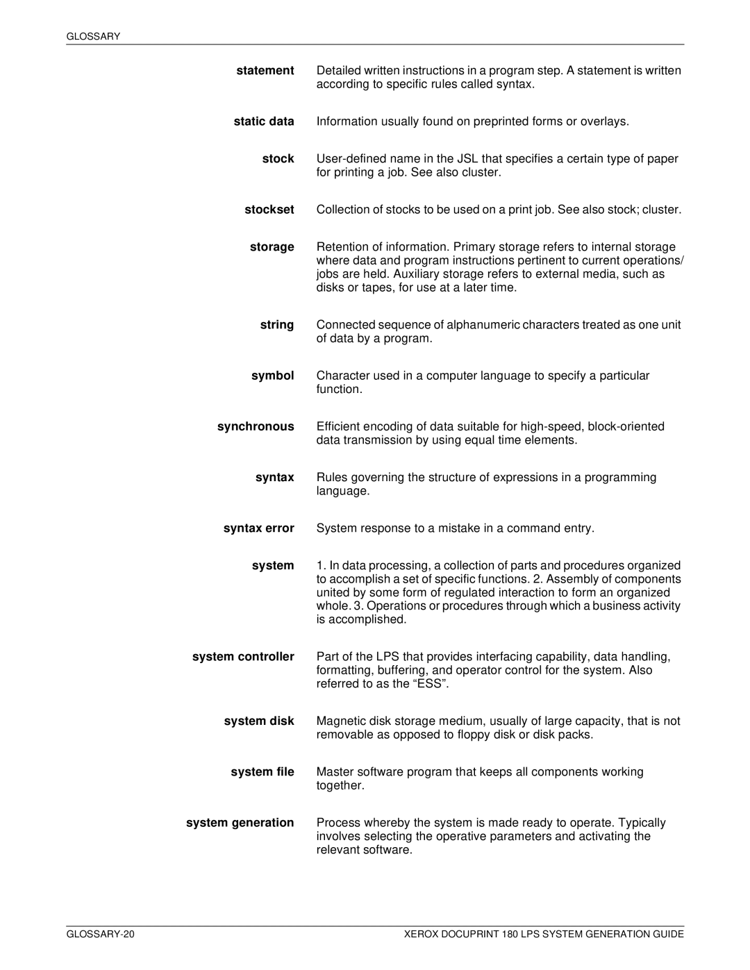 Xerox manual GLOSSARY-20 Xerox Docuprint 180 LPS System Generation Guide 