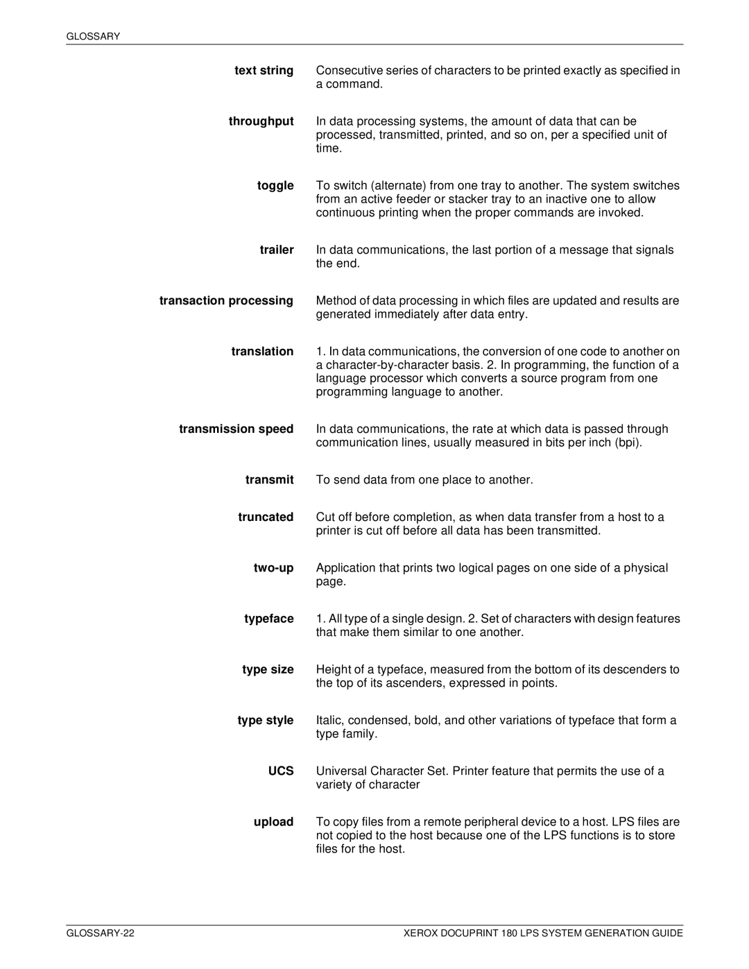 Xerox manual GLOSSARY-22 Xerox Docuprint 180 LPS System Generation Guide 