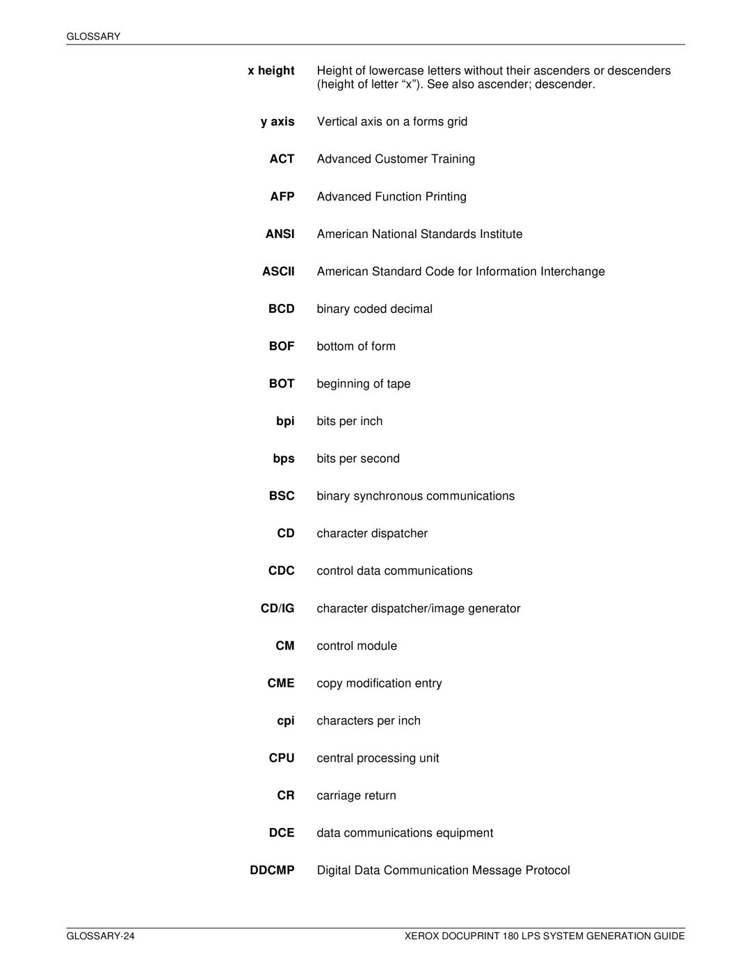 Xerox manual GLOSSARY-24 Xerox Docuprint 180 LPS System Generation Guide 