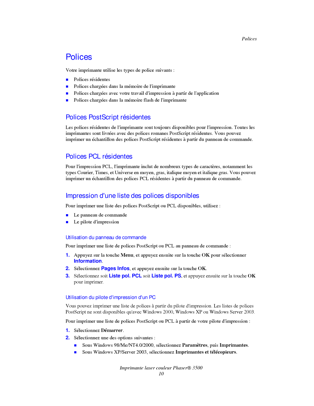 Xerox TM 3500 Polices PostScript résidentes, Polices PCL résidentes, Impression dune liste des polices disponibles 