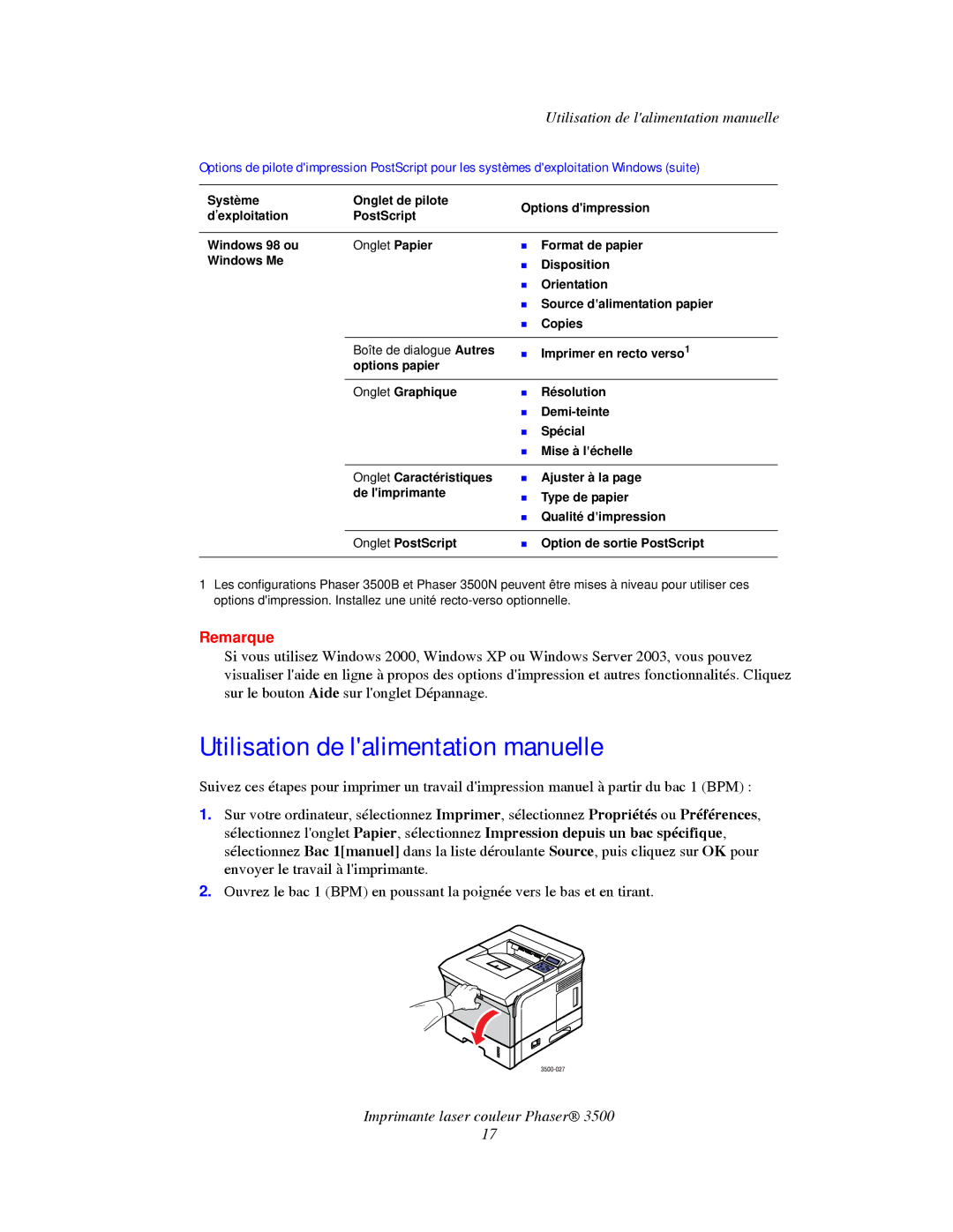 Xerox TM 3500 manual Utilisation de lalimentation manuelle 