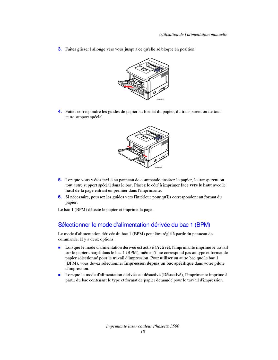 Xerox TM 3500 manual Sélectionner le mode dalimentation dérivée du bac 1 BPM 