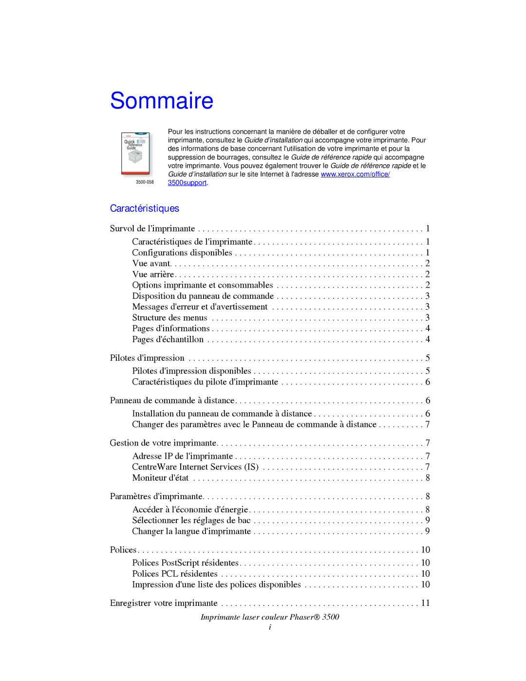 Xerox TM 3500 manual Sommaire, Imprimante laser couleur Phaser 