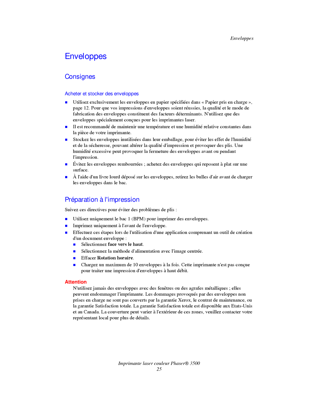 Xerox TM 3500 Enveloppes, Préparation à limpression, Acheter et stocker des enveloppes, „ Sélectionnez face vers le haut 