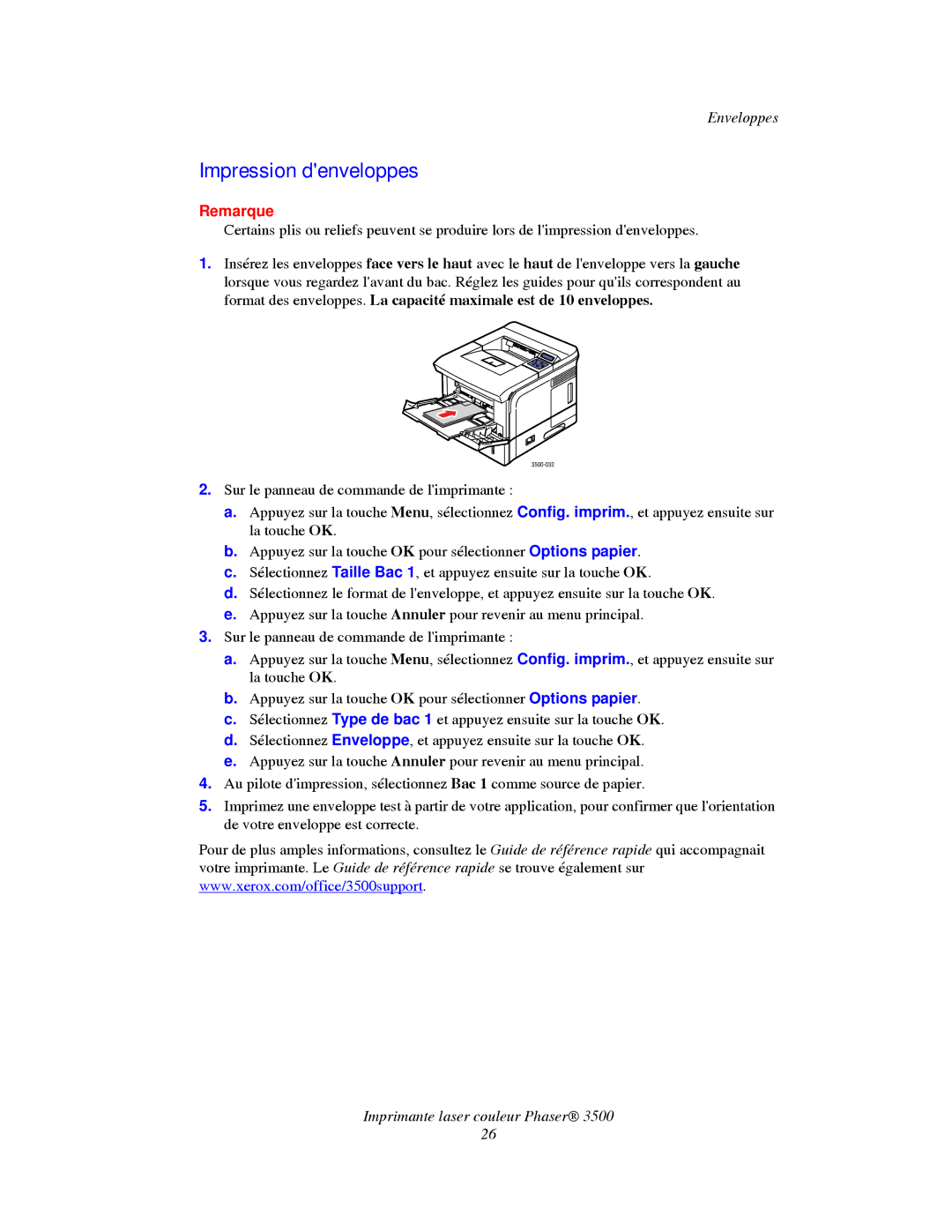 Xerox TM 3500 manual Impression denveloppes 