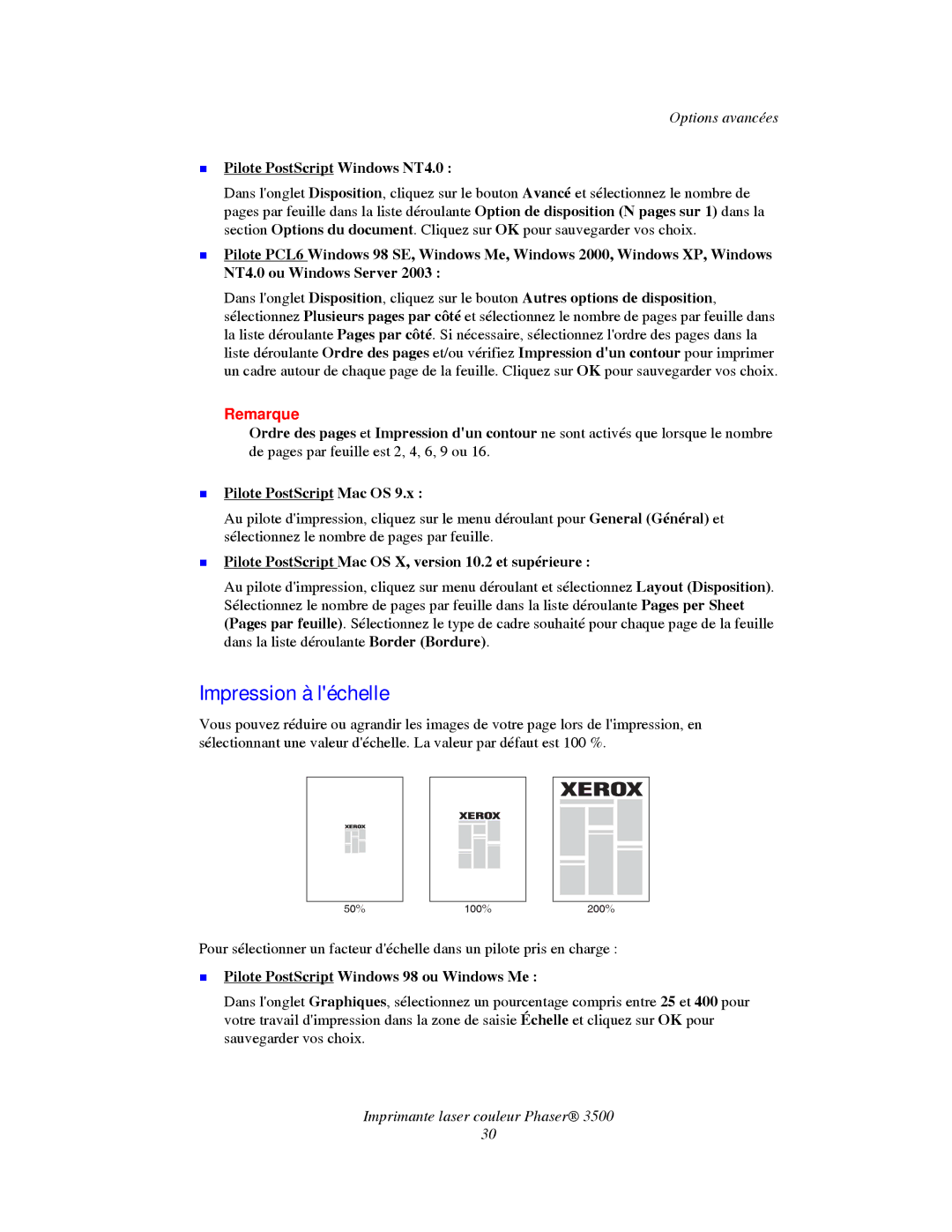 Xerox TM 3500 manual Impression à léchelle, „ Pilote PostScript Windows NT4.0, „ Pilote PostScript Mac OS 