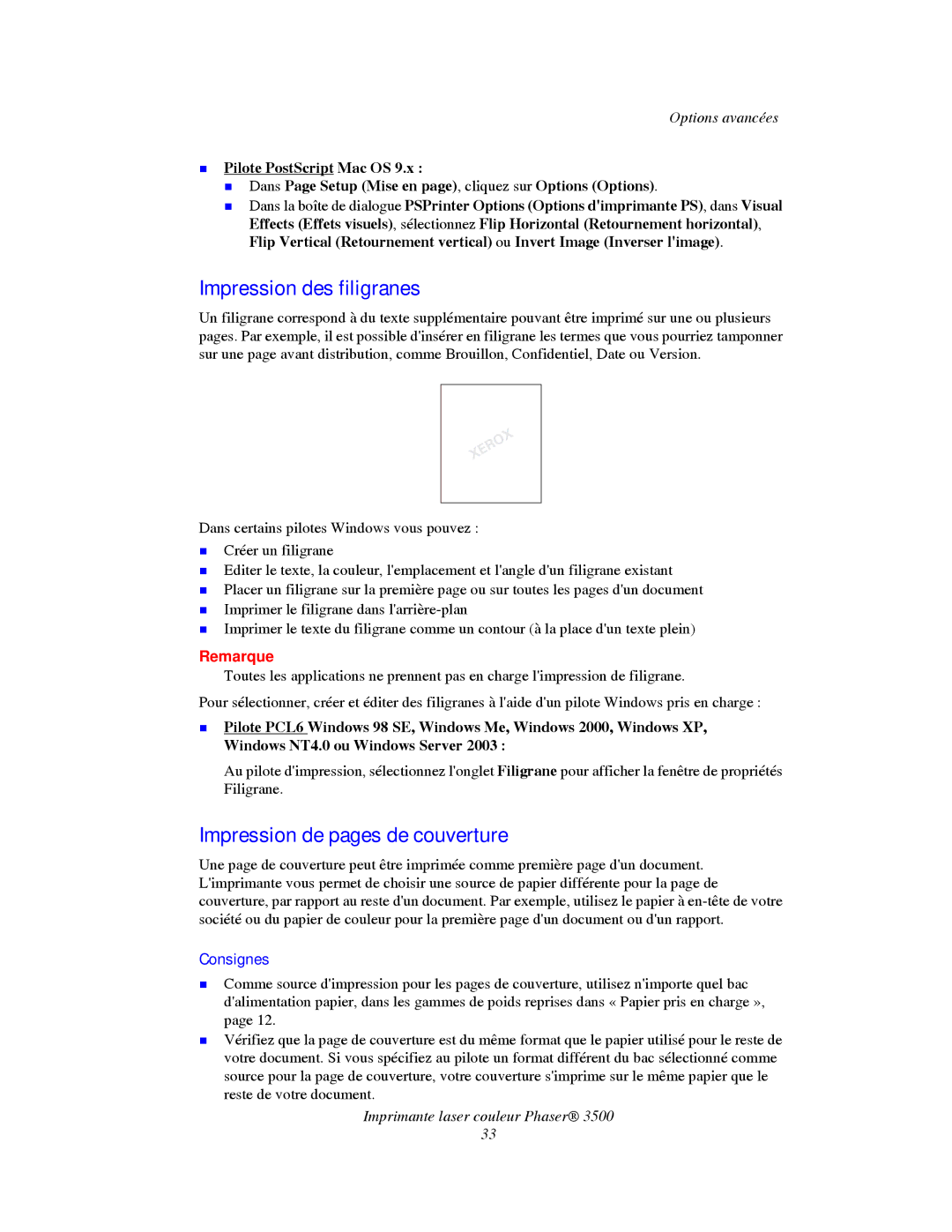 Xerox TM 3500 manual Impression des filigranes, Impression de pages de couverture 