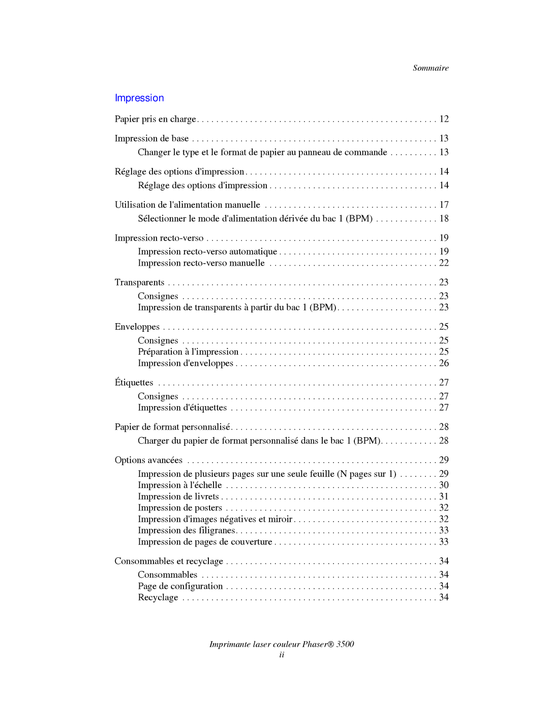 Xerox TM 3500 manual Impression, Sommaire 