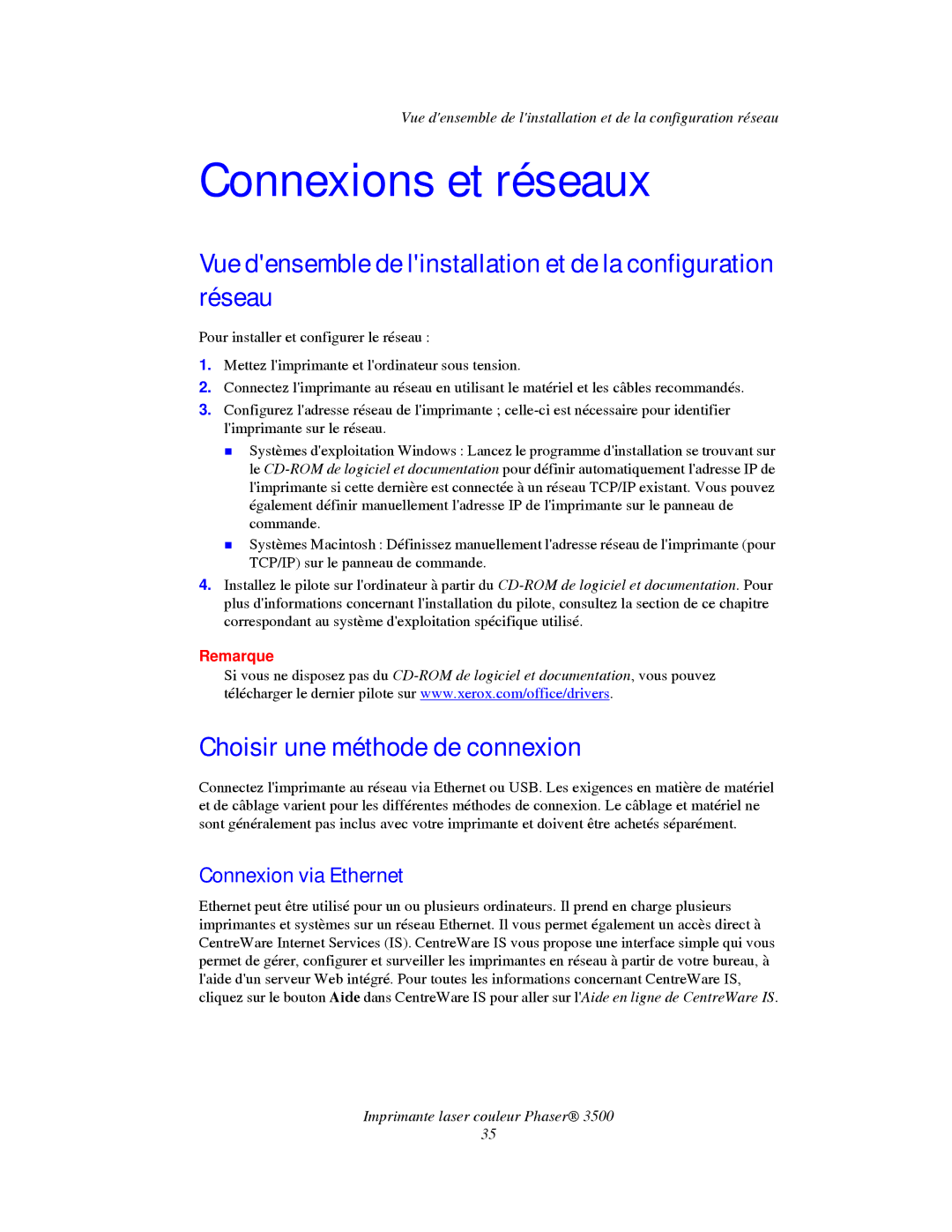 Xerox TM 3500 manual Choisir une méthode de connexion, Connexion via Ethernet 