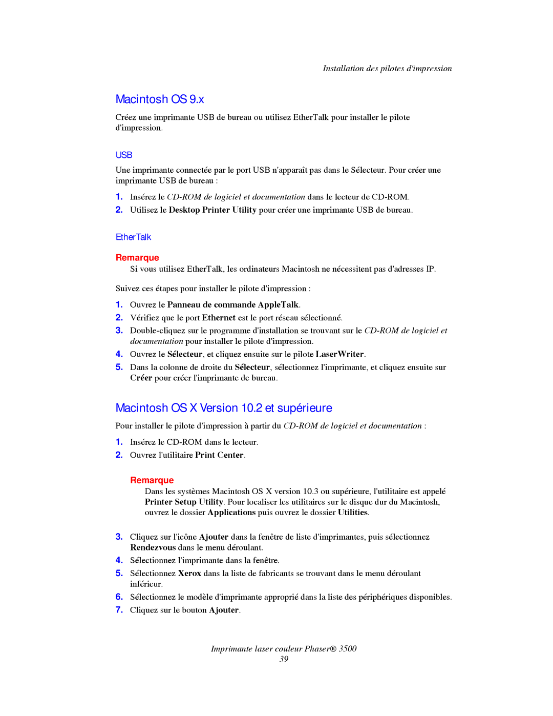 Xerox TM 3500 manual Macintosh OS X Version 10.2 et supérieure, EtherTalk, Ouvrez le Panneau de commande AppleTalk 