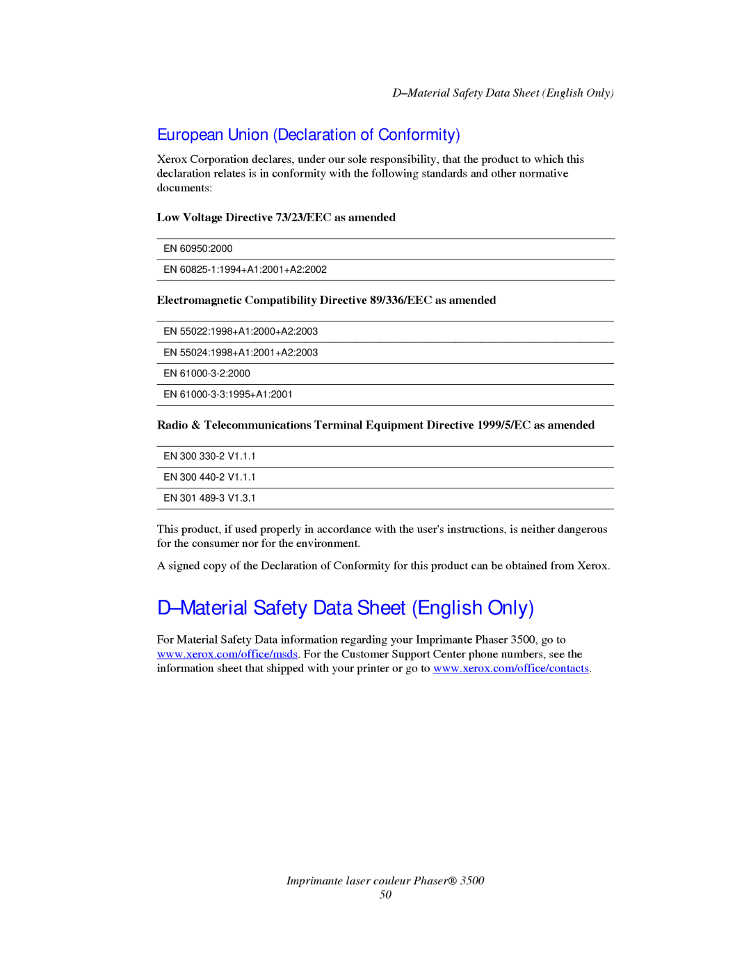 Xerox TM 3500 manual Material Safety Data Sheet English Only, European Union Declaration of Conformity 