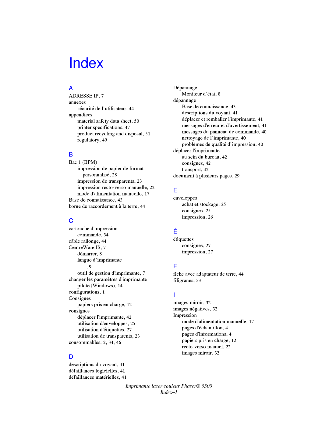 Xerox TM 3500 manual Imprimante laser couleur Phaser Index-1 