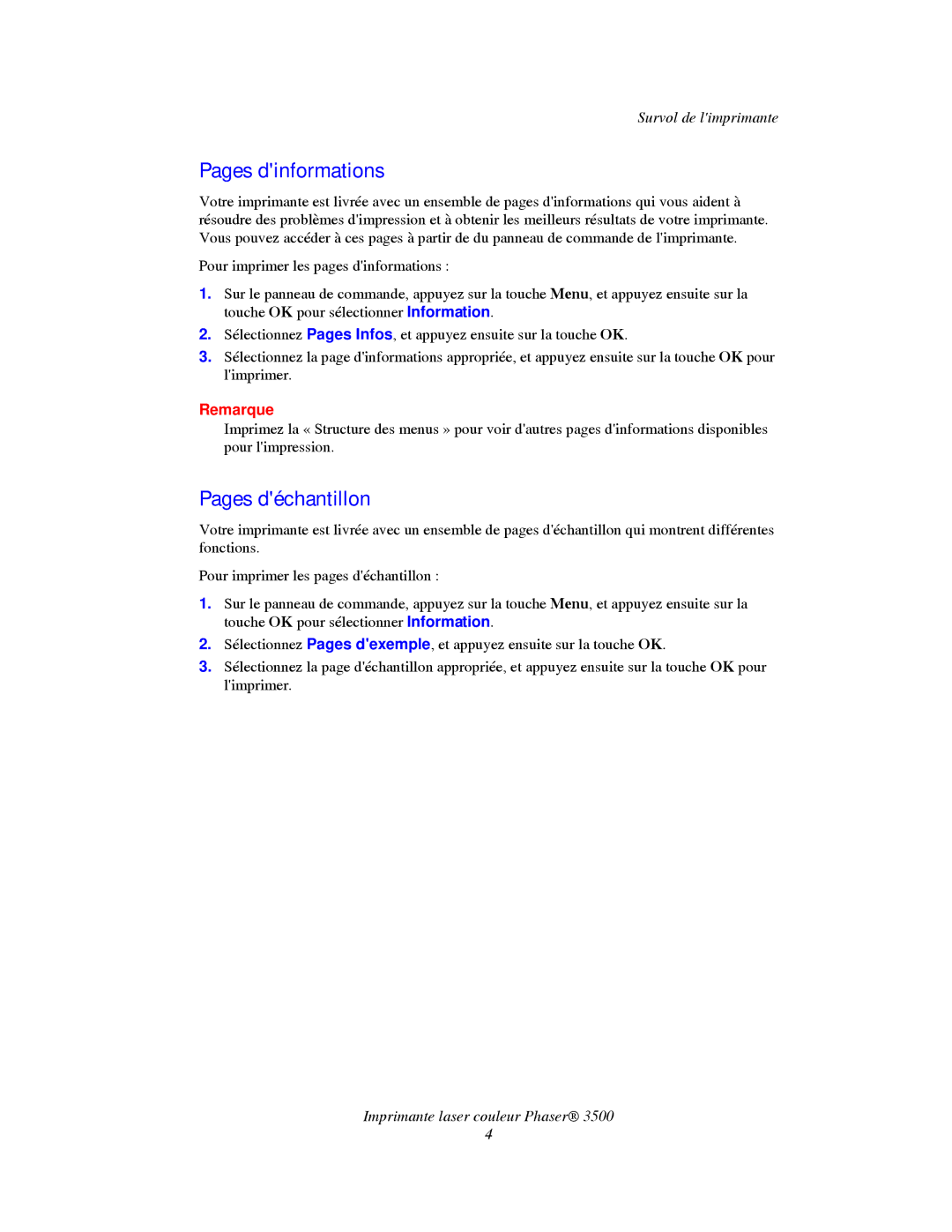 Xerox TM 3500 manual Pages dinformations, Pages déchantillon 