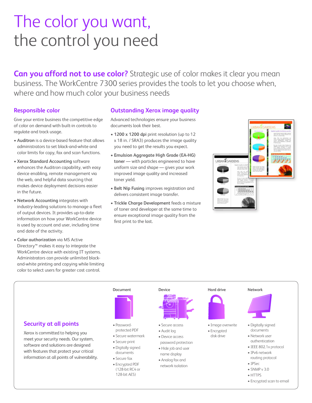 Xerox TV2802UK Responsible color, Outstanding Xerox image quality, Security at all points, Document Device Hard drive 