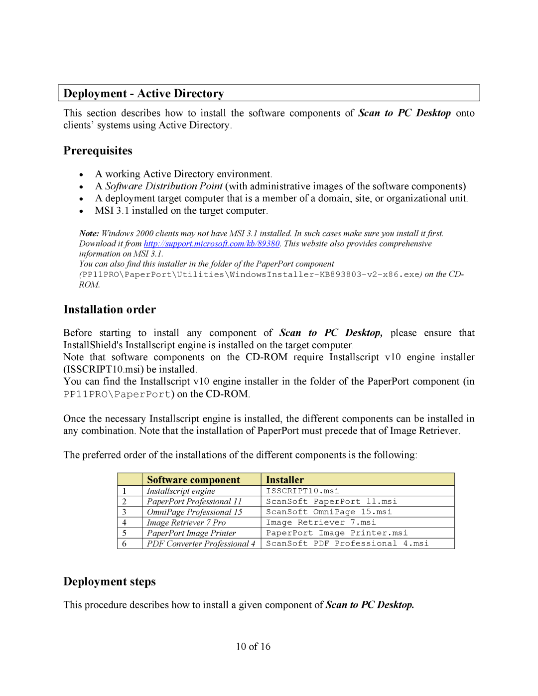 Xerox V9.0 manual Deployment Active Directory, Prerequisites, Installation order, Deployment steps 