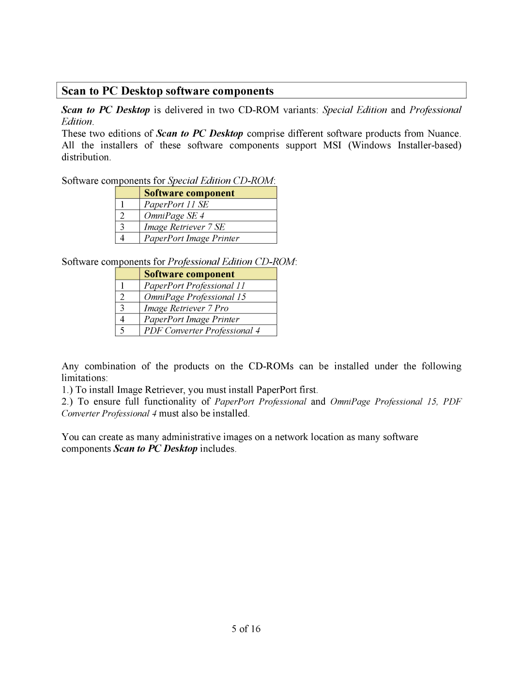 Xerox V9.0 manual Scan to PC Desktop software components, Software component 