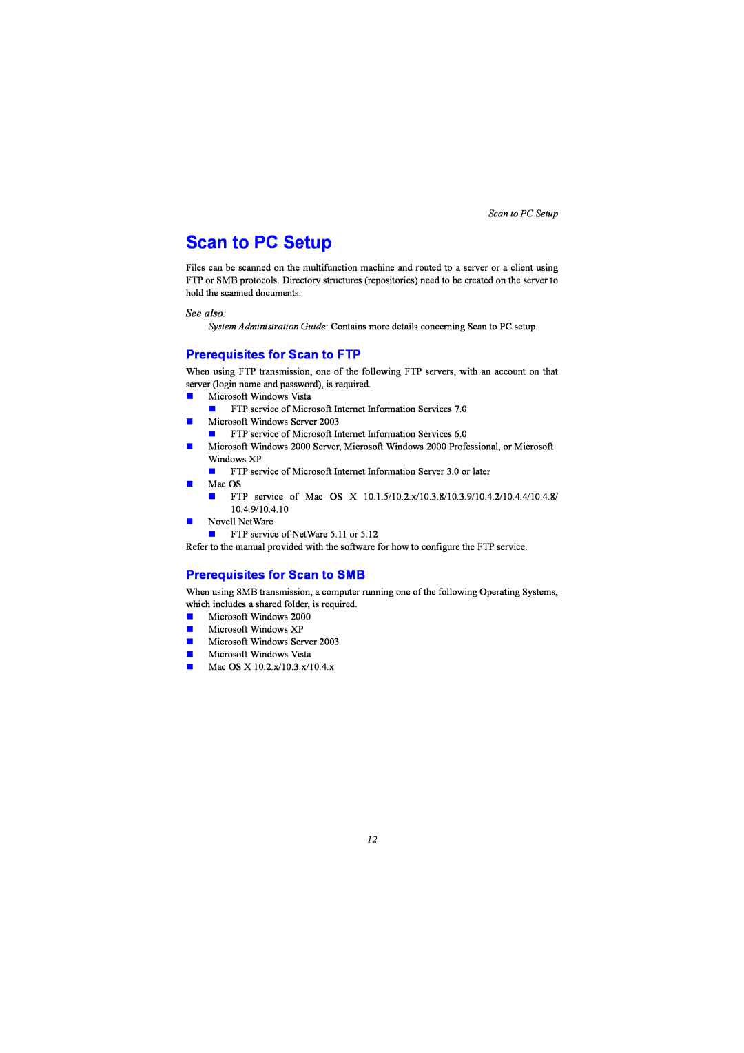 Xerox WC5230 setup guide Scan to PC Setup, Prerequisites for Scan to FTP, Prerequisites for Scan to SMB, See also 