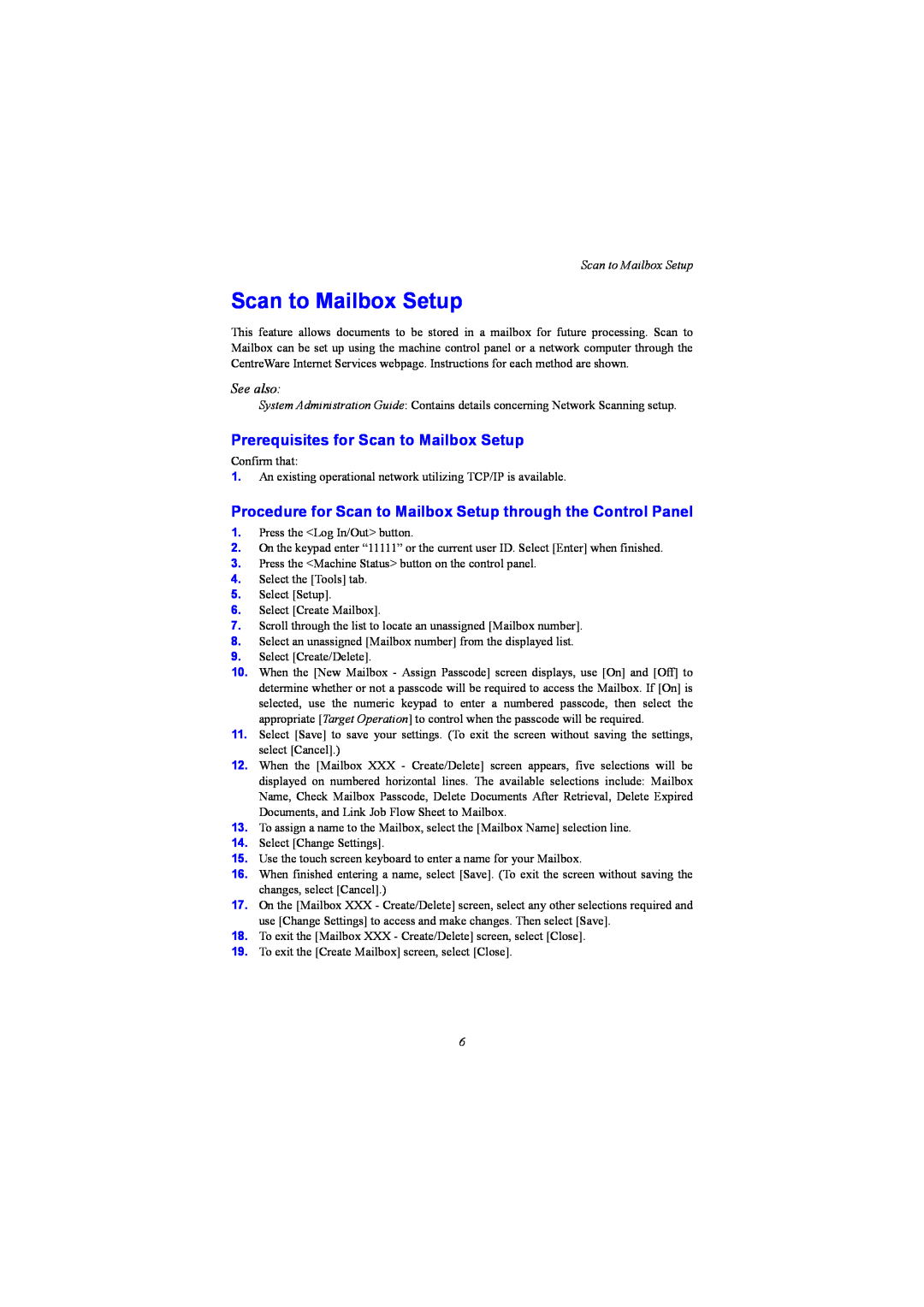 Xerox WC5230 setup guide Prerequisites for Scan to Mailbox Setup, See also 