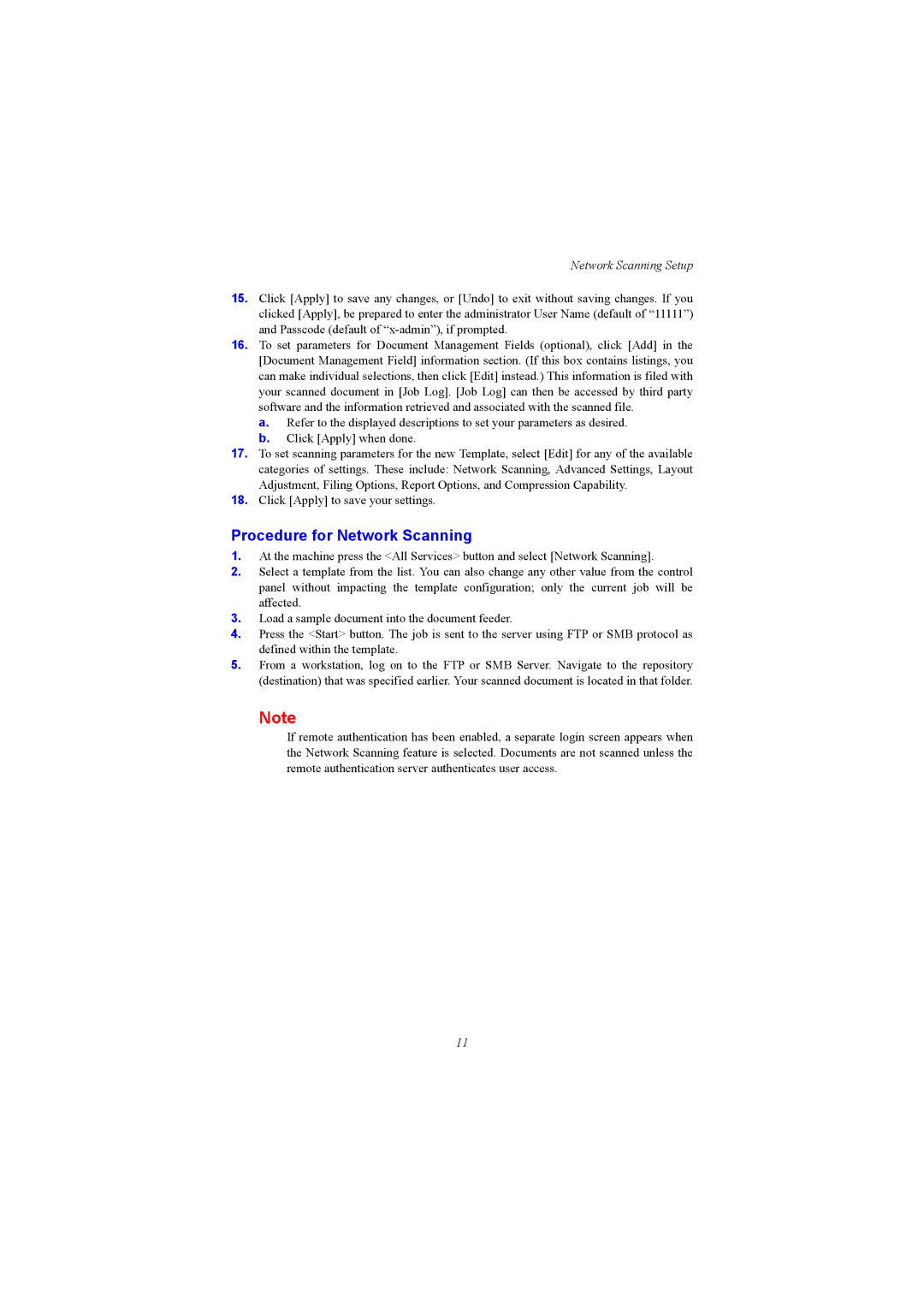 Xerox WC5230 setup guide Procedure for Network Scanning 