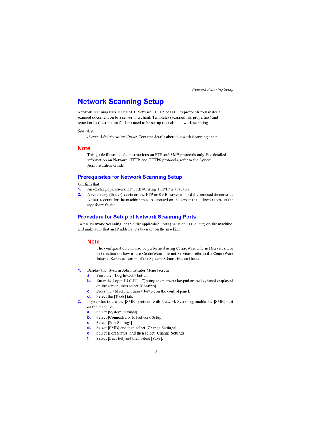 Xerox WC5230 setup guide Prerequisites for Network Scanning Setup, Procedure for Setup of Network Scanning Ports 