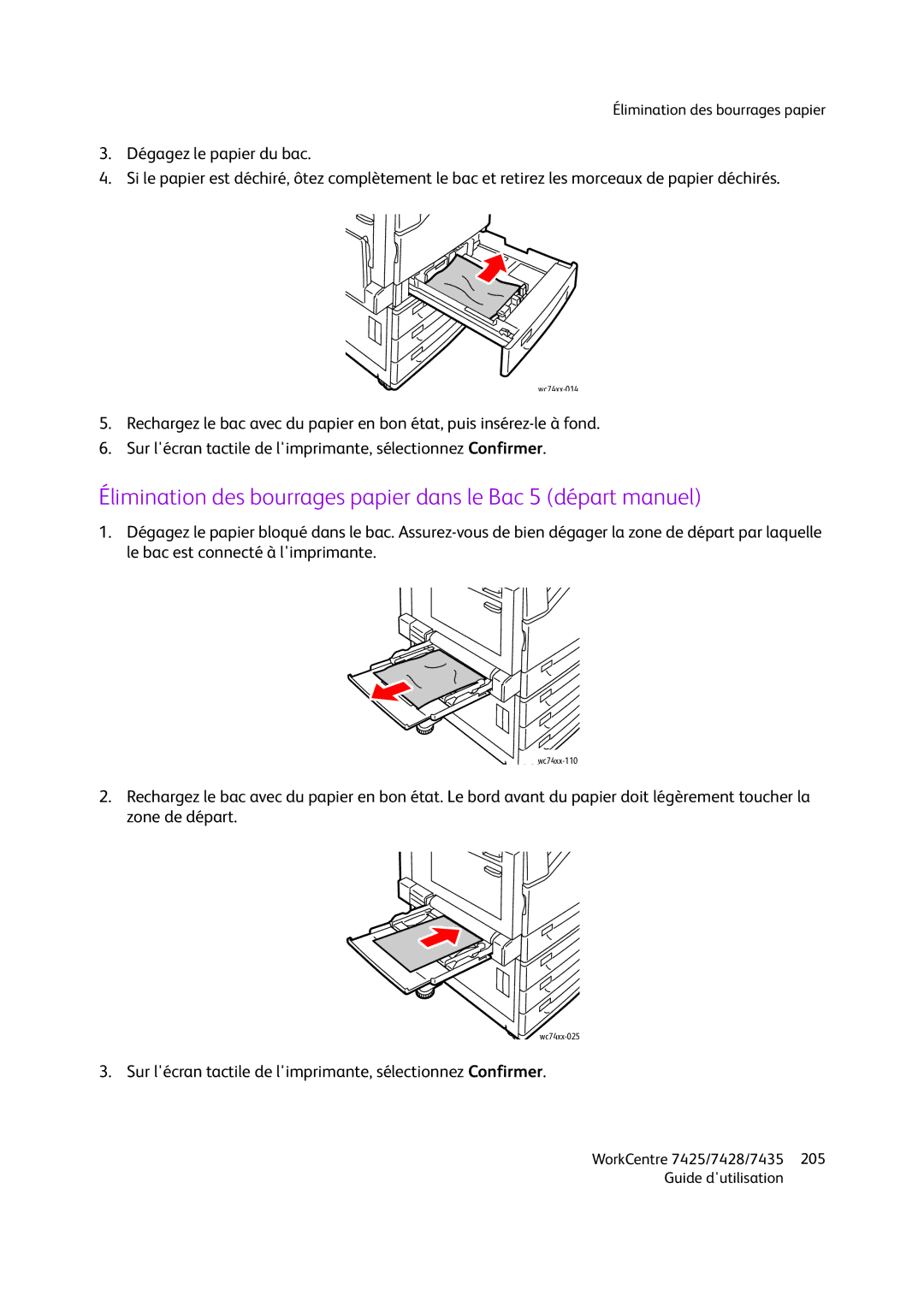 Xerox WC7435, WC7425, WC7428 manual Élimination des bourrages papier dans le Bac 5 départ manuel 