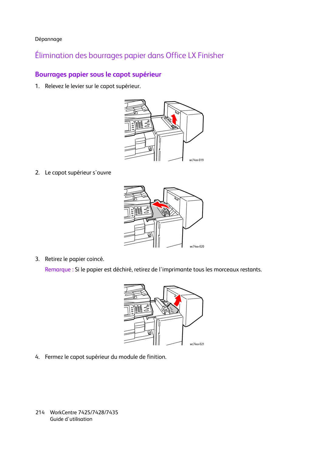 Xerox WC7435, WC7425 Élimination des bourrages papier dans Office LX Finisher, Bourrages papier sous le capot supérieur 