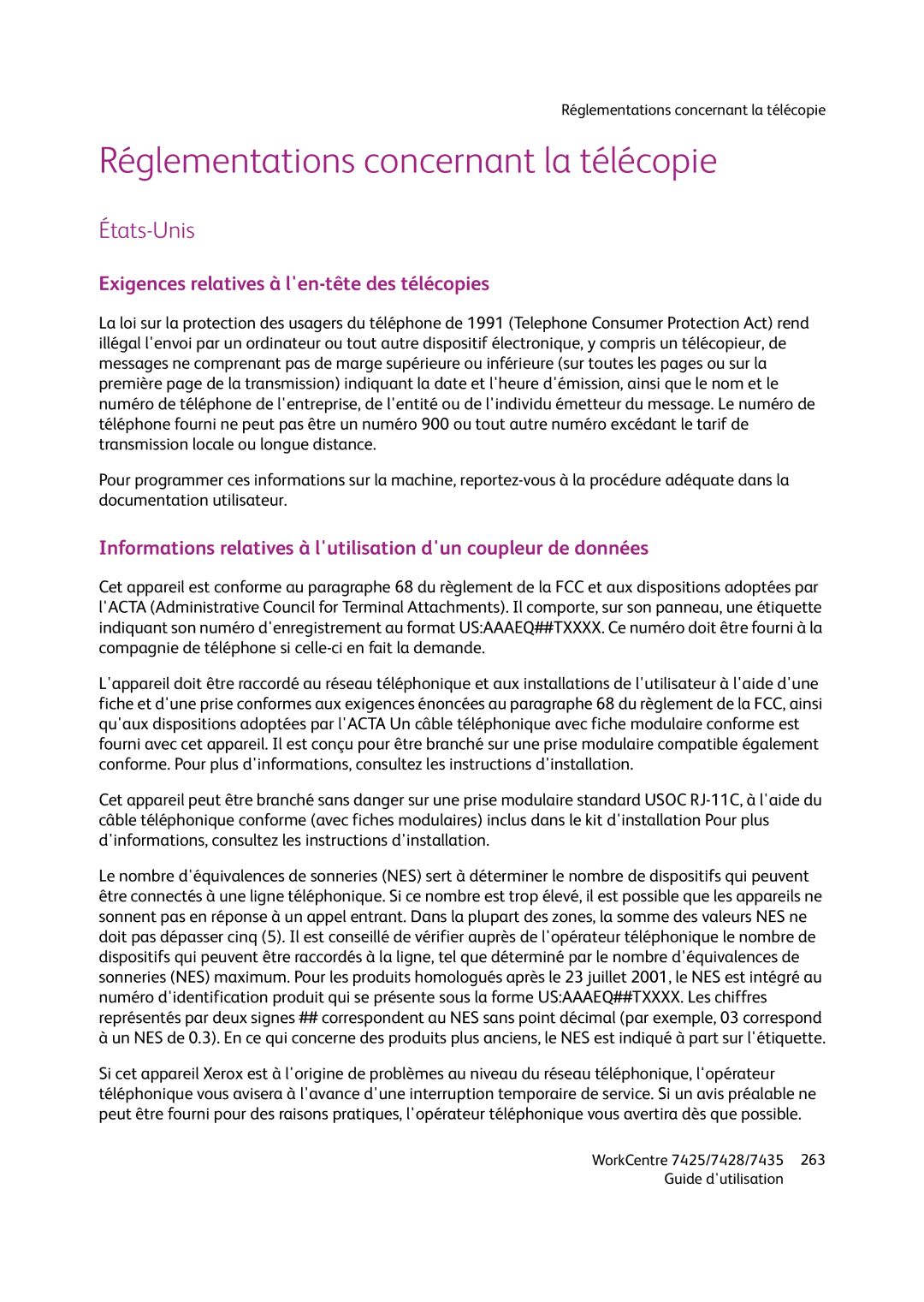 Xerox WC7428, WC7425, WC7435 manual Réglementations concernant la télécopie, Exigences relatives à len-tête des télécopies 