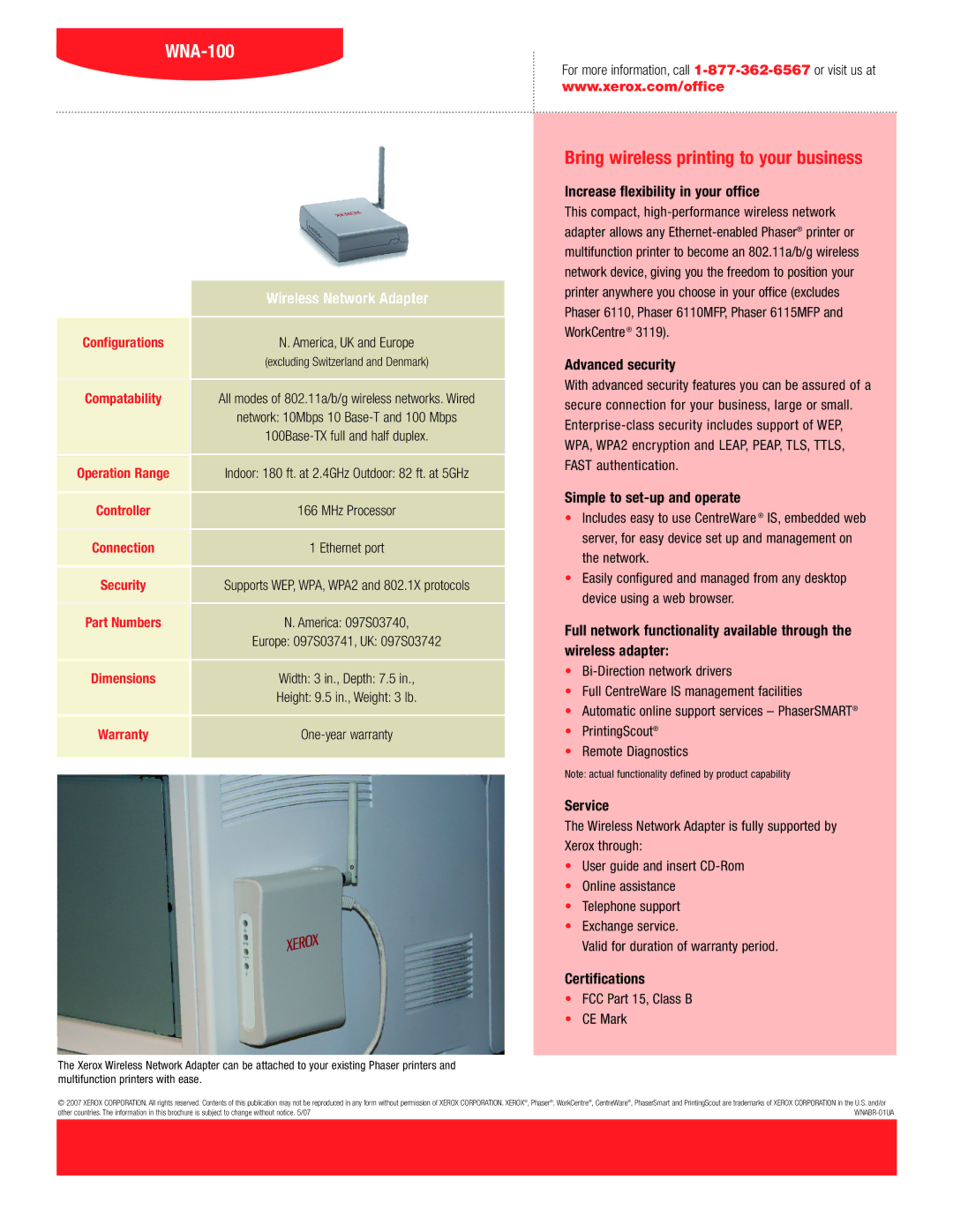 Xerox WNA-100 manual Increase flexibility in your office, Advanced security, Simple to set-up and operate, Service 