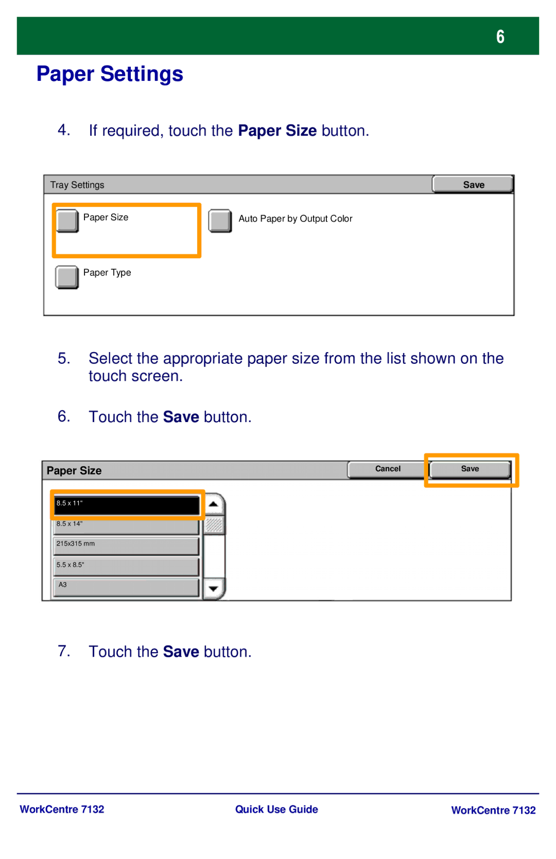 Xerox WorkCenter 7132 manual Paper Settings, If required, touch the Paper Size button 