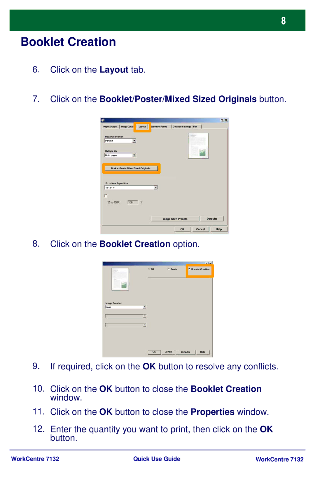 Xerox WorkCenter 7132 manual Click on the Layout tab, Click on the Booklet/Poster/Mixed Sized Originals button 