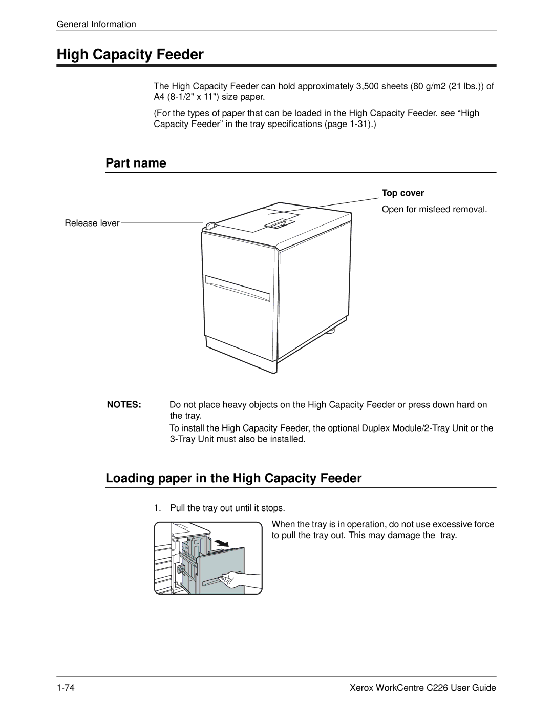 Xerox WorkCentre C226 manual Part name, Loading paper in the High Capacity Feeder, Top cover 