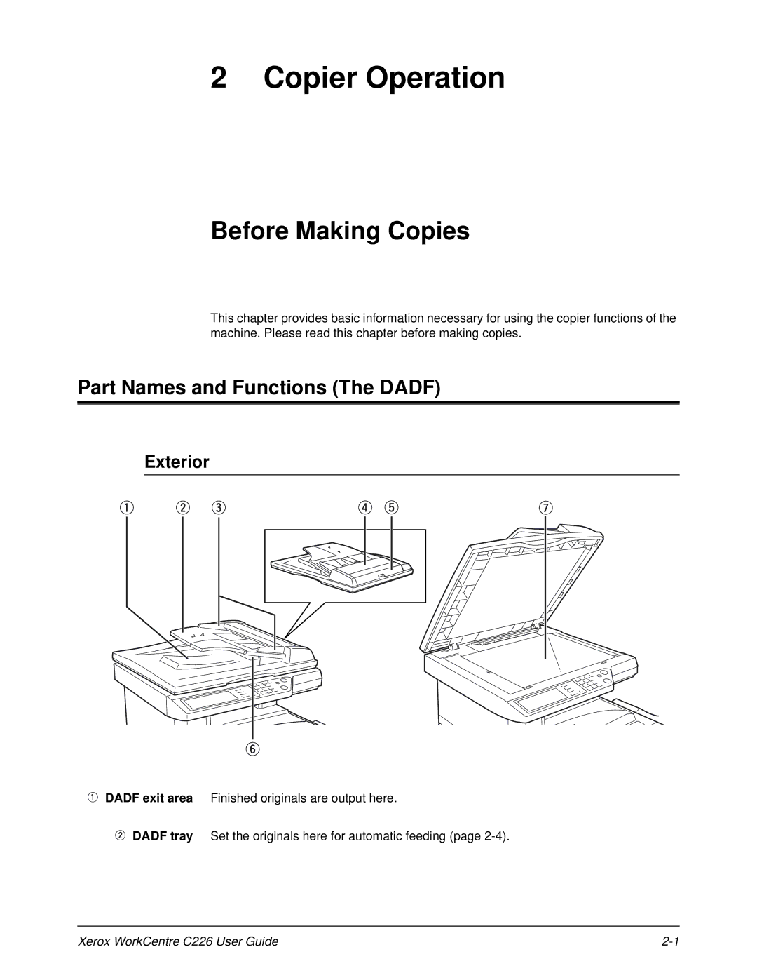 Xerox WorkCentre C226 manual Before Making Copies, Part Names and Functions The Dadf 