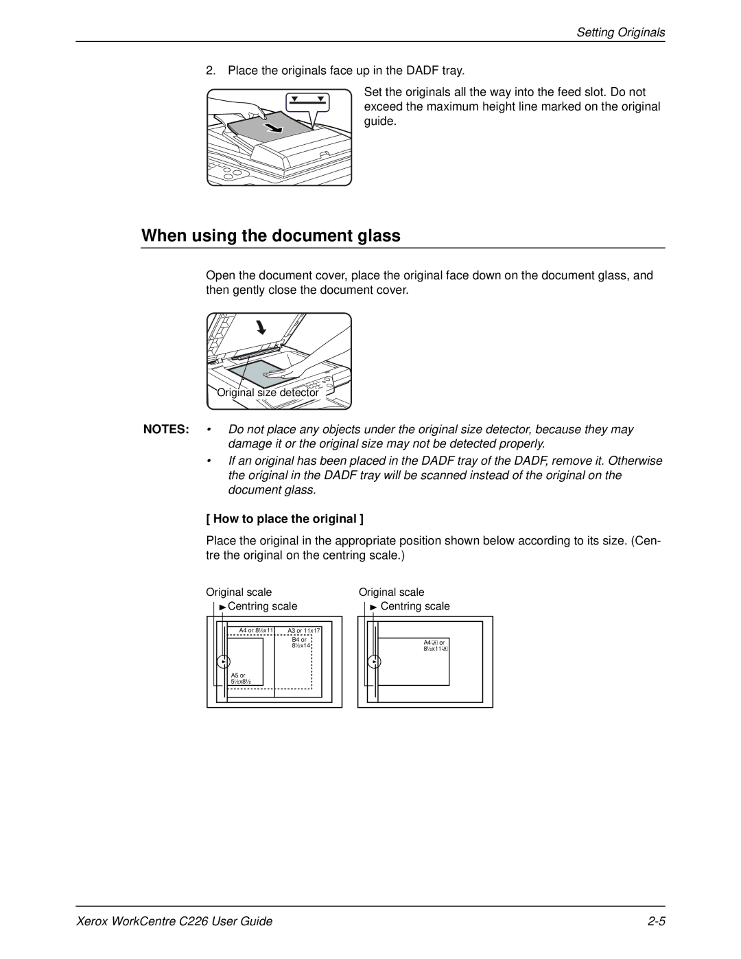 Xerox WorkCentre C226 manual When using the document glass, Setting Originals, How to place the original 