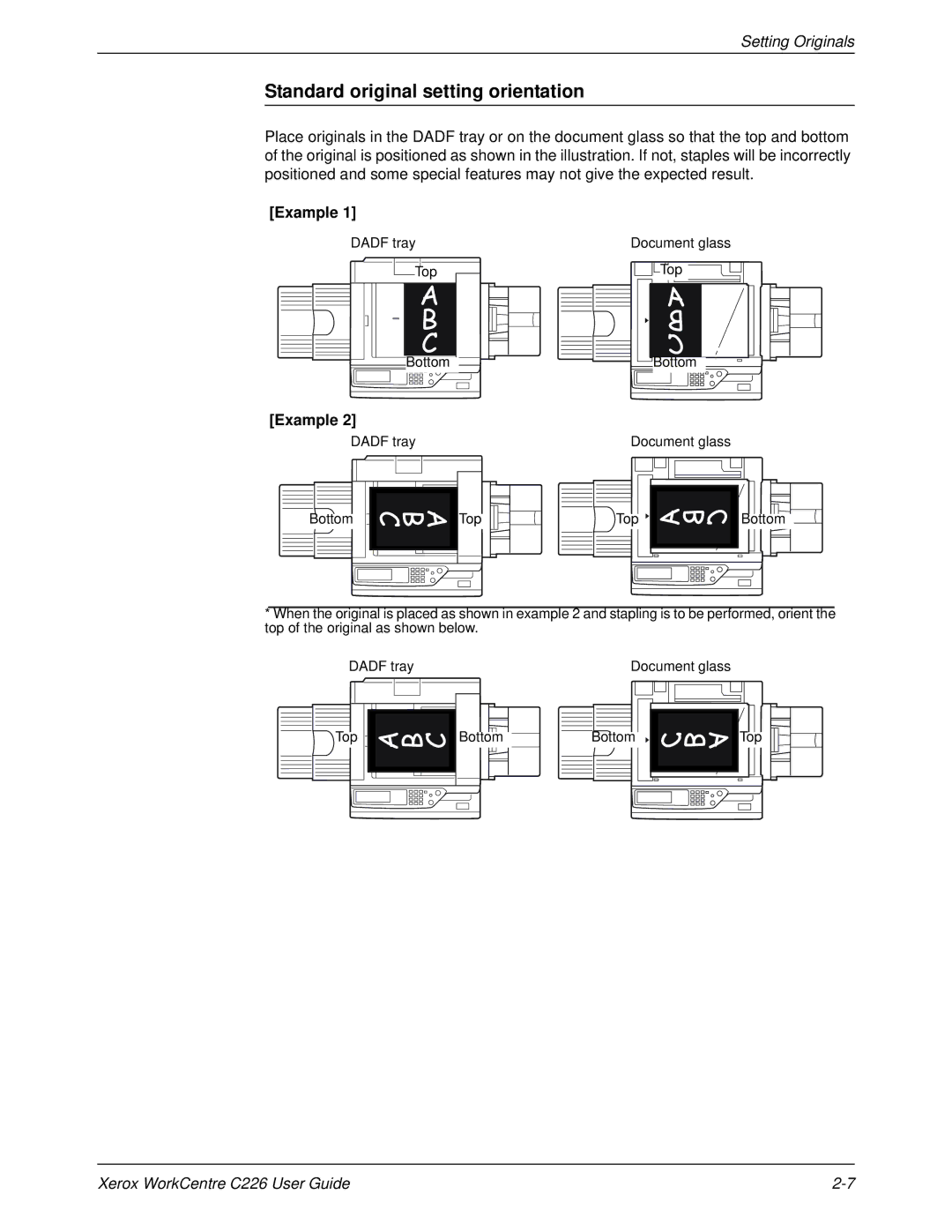 Xerox WorkCentre C226 manual Standard original setting orientation, Example 