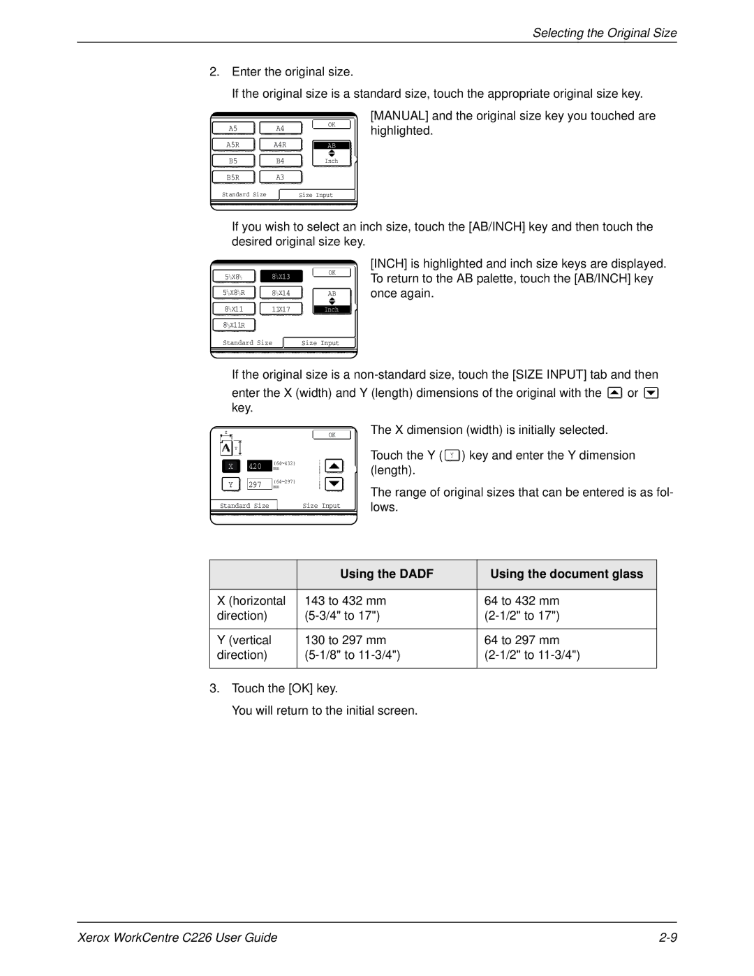 Xerox WorkCentre C226 manual Selecting the Original Size, Using the Dadf Using the document glass 