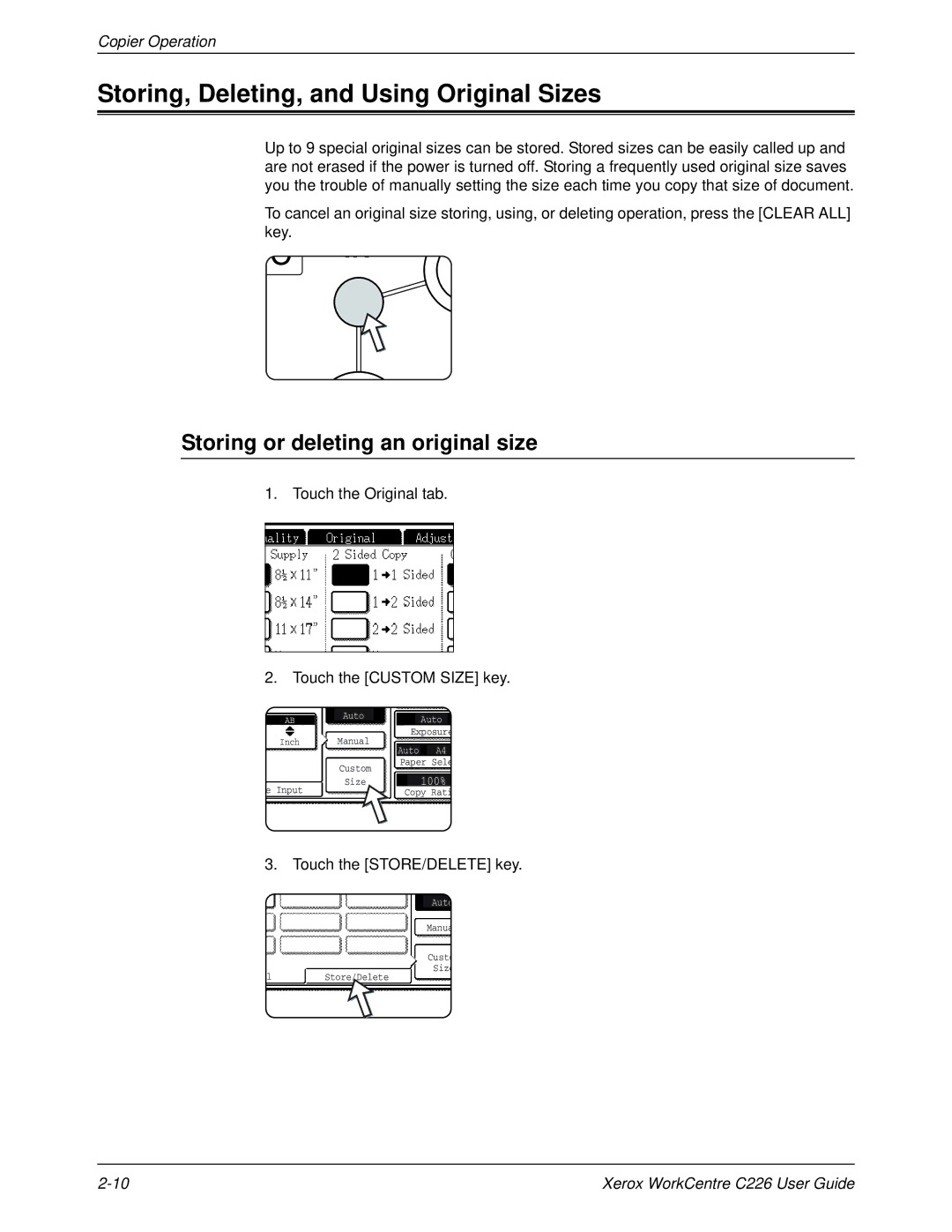 Xerox WorkCentre C226 manual Storing, Deleting, and Using Original Sizes, Storing or deleting an original size 