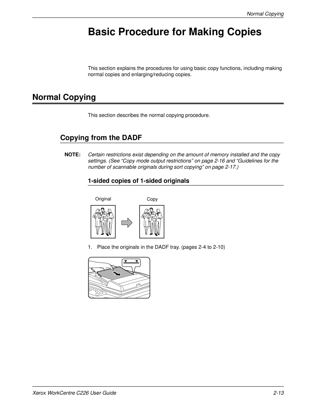 Xerox WorkCentre C226 manual Basic Procedure for Making Copies, Normal Copying, Copying from the Dadf 